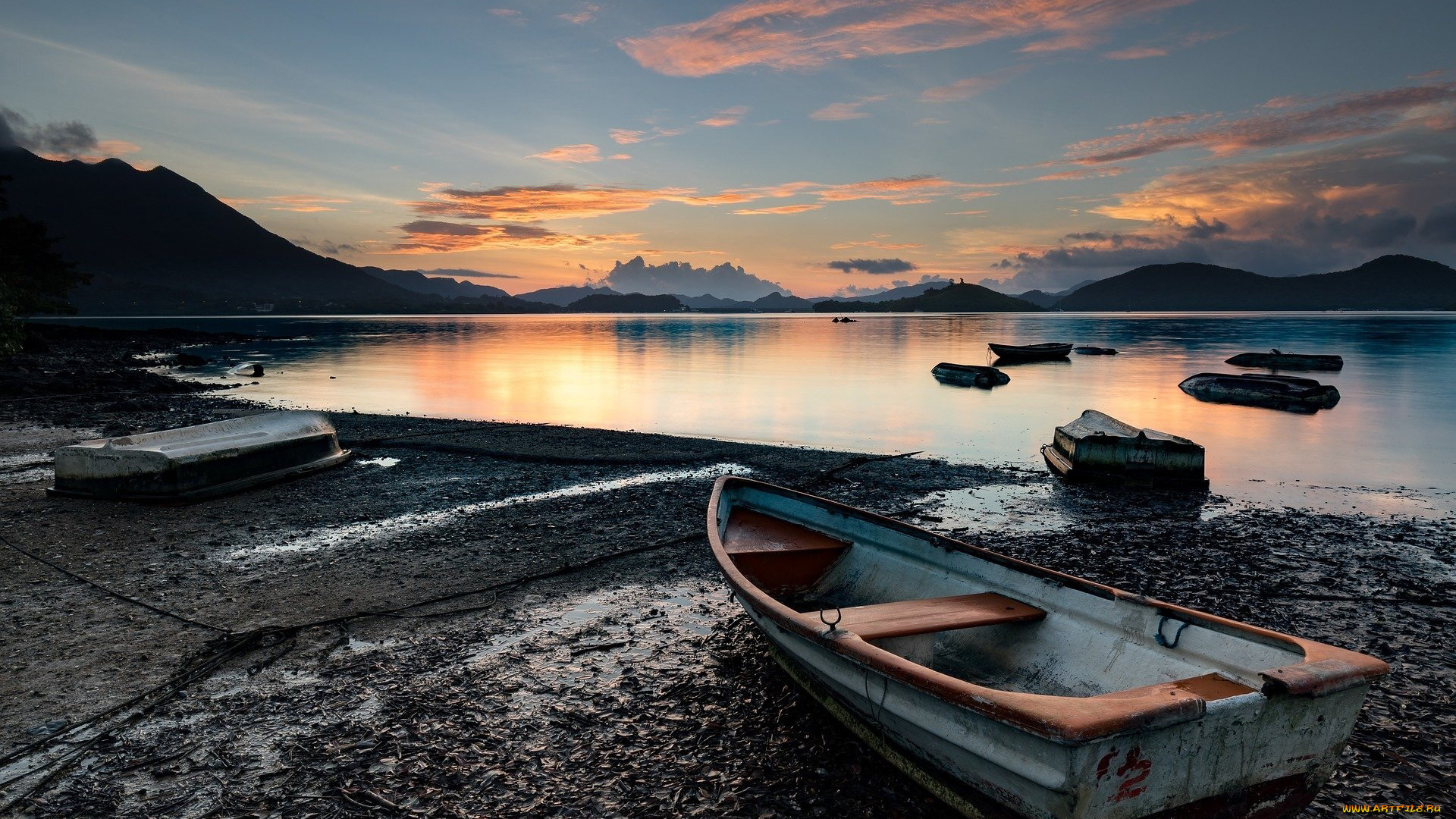 корабли, лодки, , шлюпки, озеро, закат