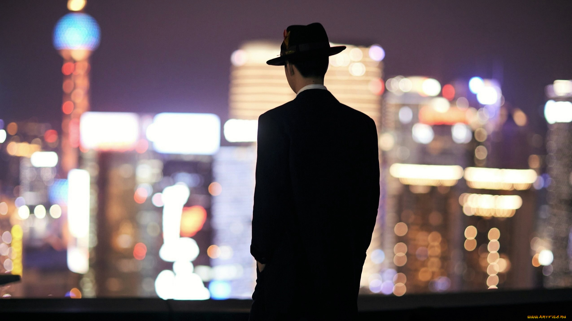 мужчины, wang, yi, bo, костюм, шляпа, город, огни