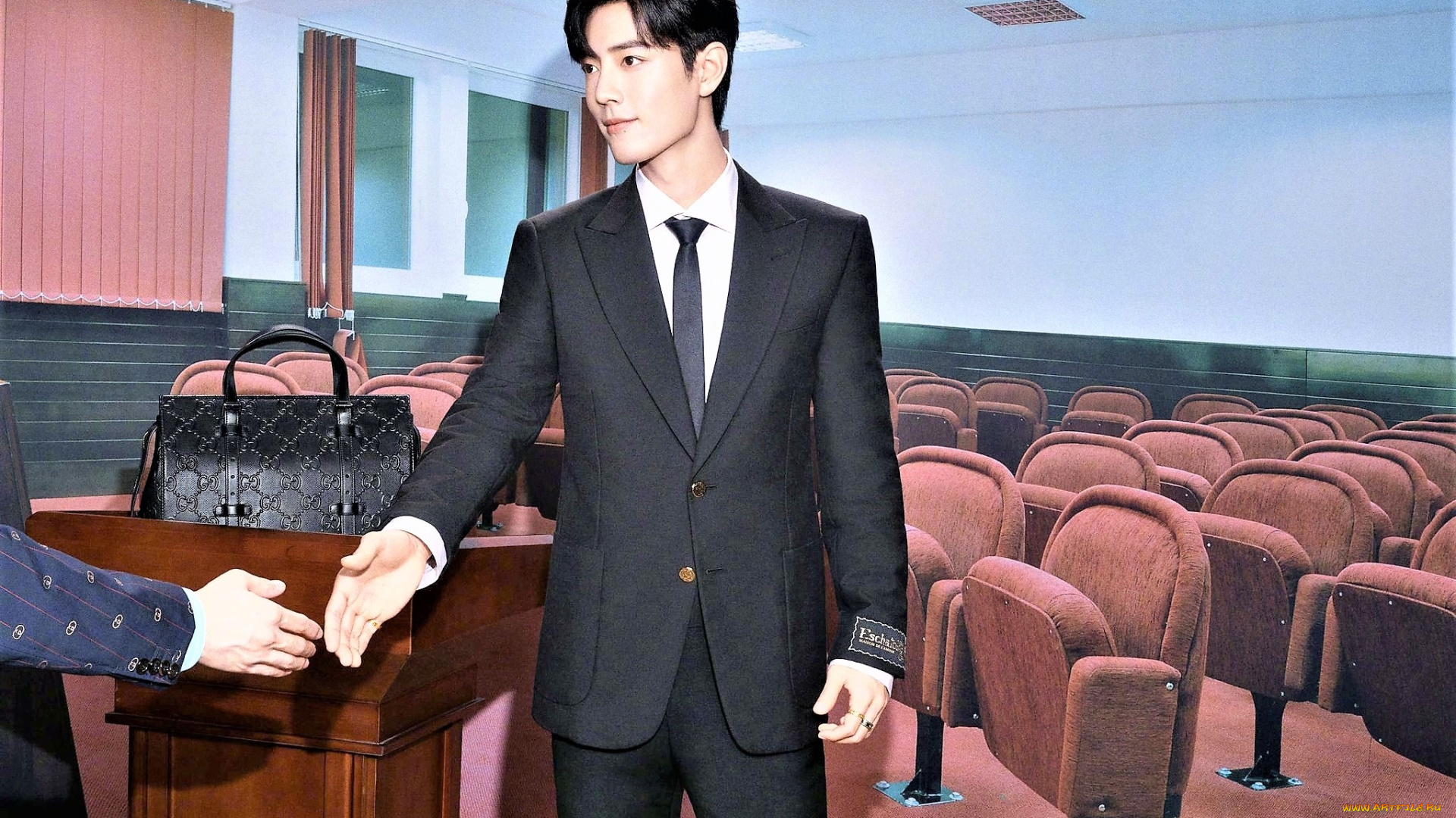 мужчины, xiao, zhan, актер, костюм, зал, рукопожатие