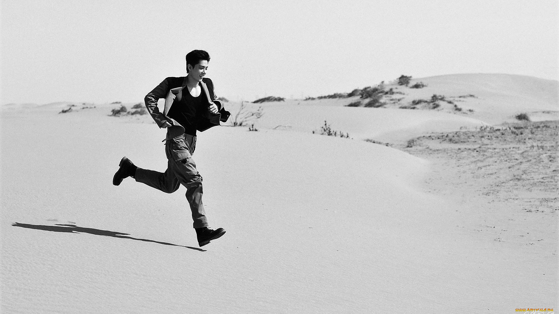 мужчины, xiao, zhan, актер, куртка, бег, пустыня