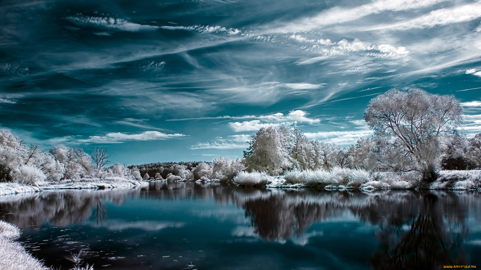 разное, компьютерный, дизайн, озеро, деревья, облака