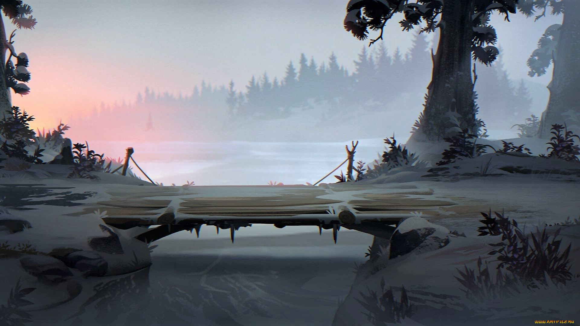 рисованное, природа, лес, снег, мостик, речка