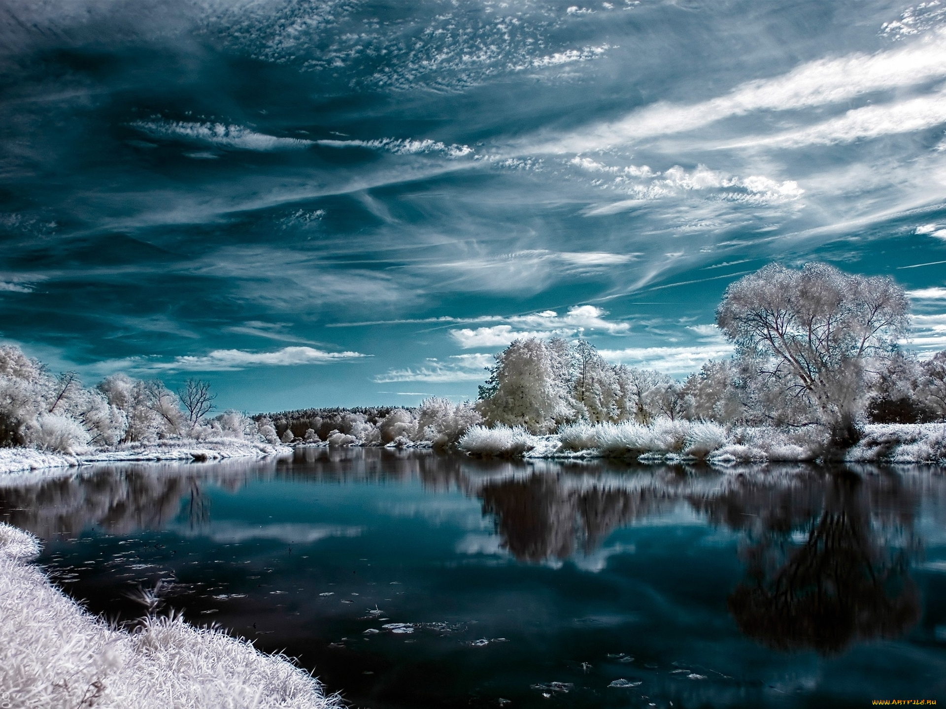 разное, компьютерный, дизайн, озеро, деревья, облака