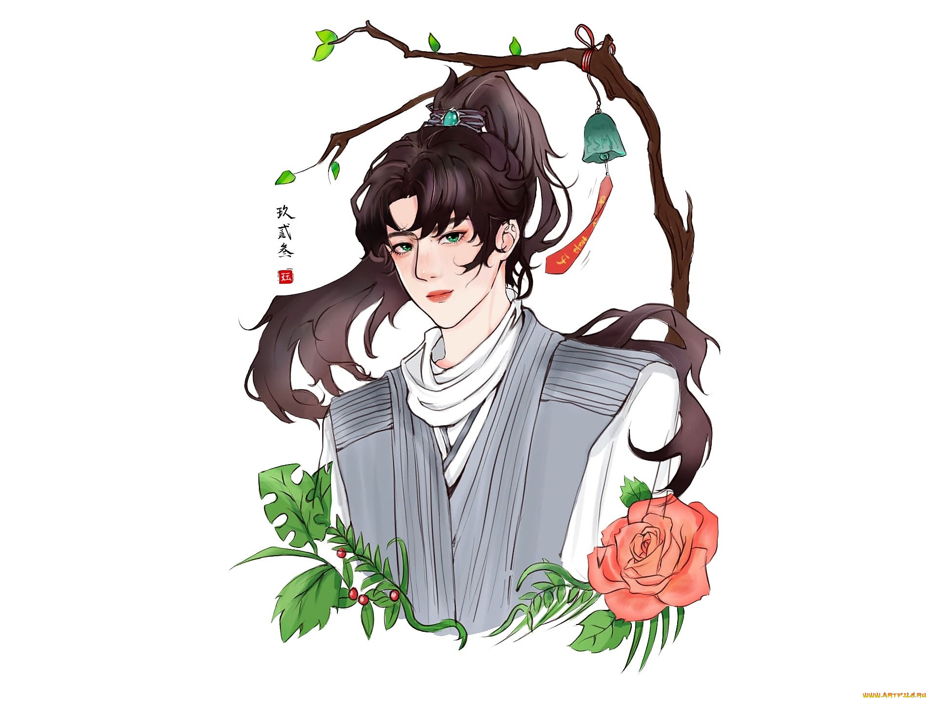 рисованное, кино, , мультфильмы, парень, ветка, колокольчик, роза