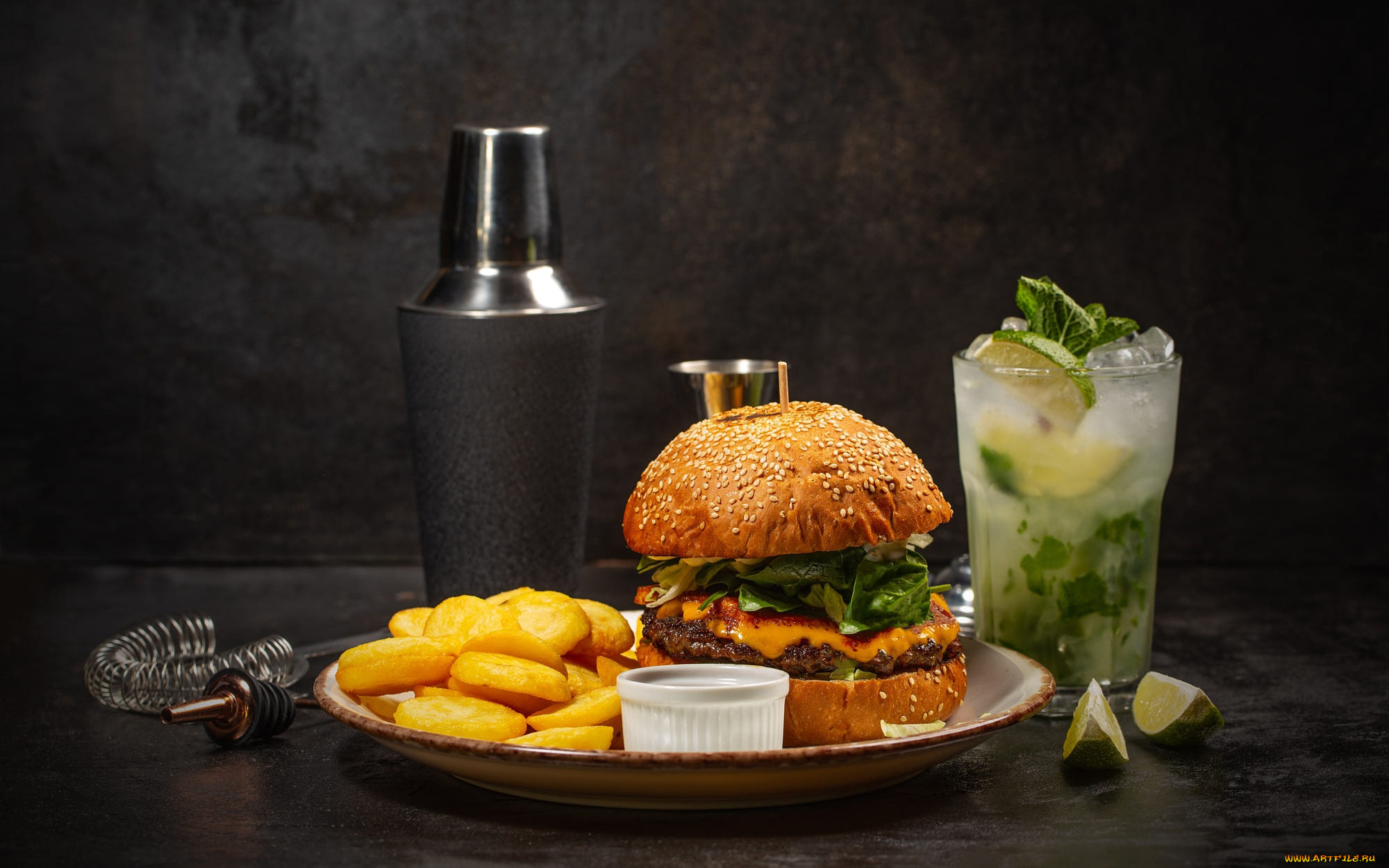 еда, бутерброды, , гамбургеры, , канапе, гамбургер, картофель, фри, лайм, напиток