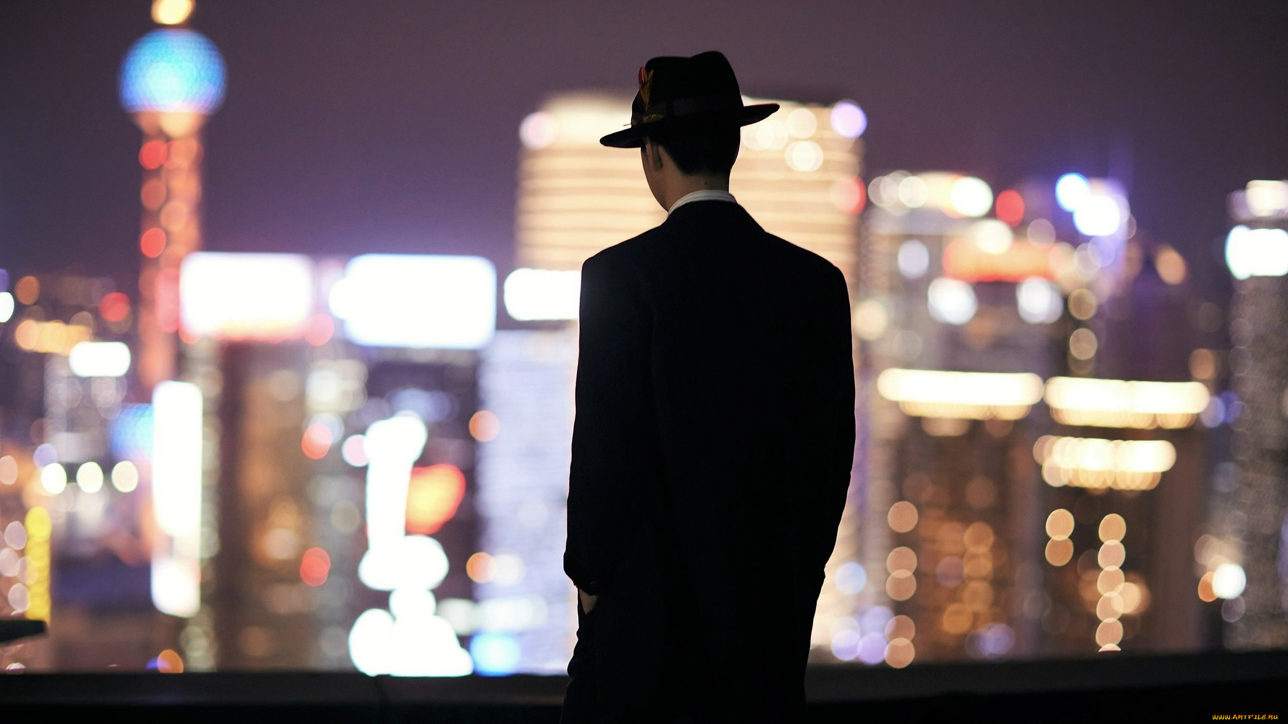 мужчины, wang, yi, bo, костюм, шляпа, город, огни