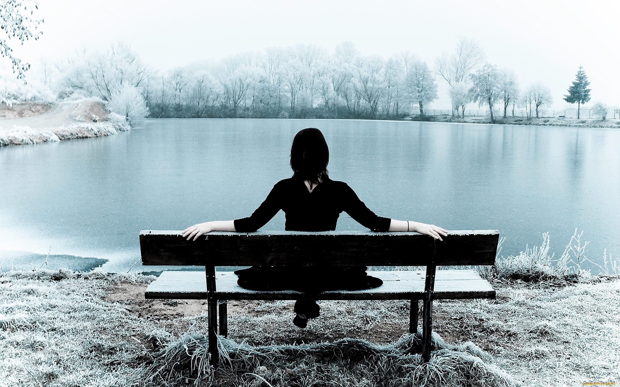 девушки, -, брюнетки, , шатенки, брюнетка, платье, скамейка, озеро, иней