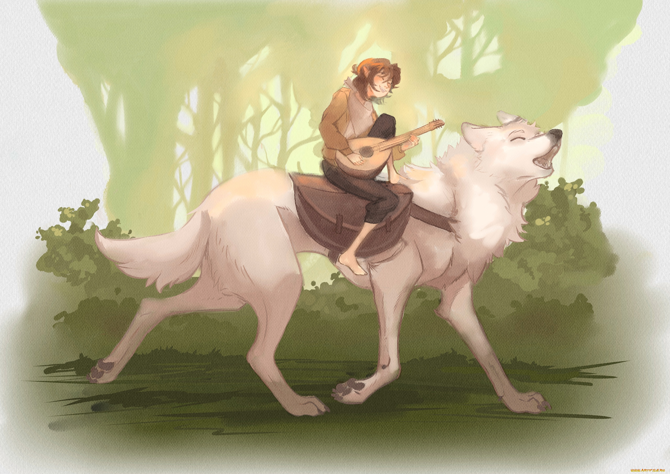 аниме, музыка, эльф, инструмент, волк