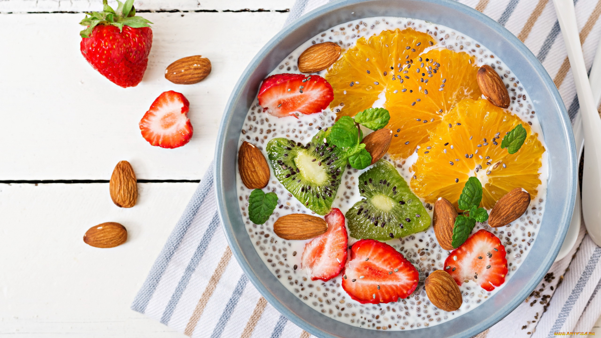 еда, мороженое, , десерты, мята, десерт, ягоды, клубника, киви, апельсин