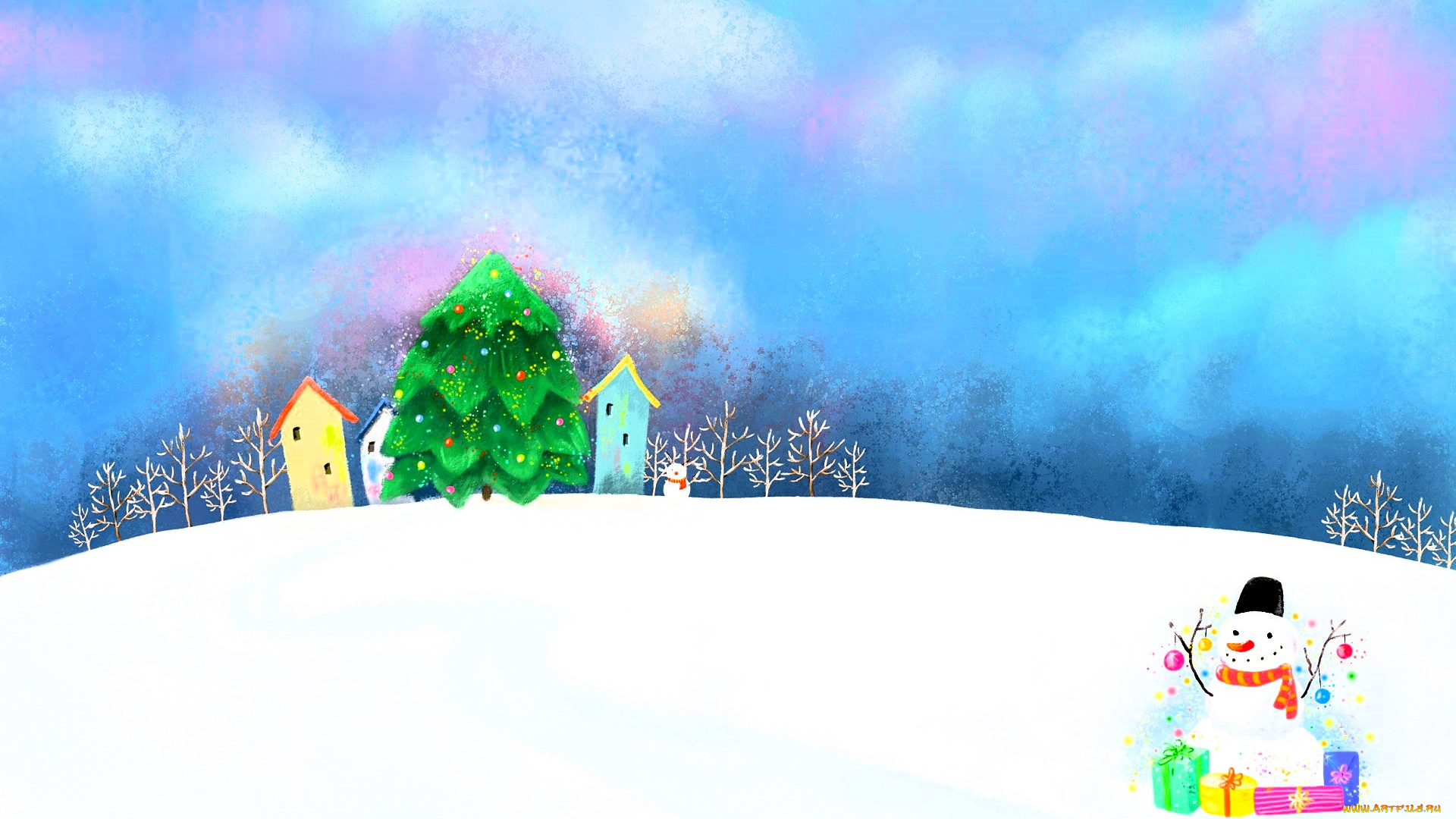 новый, год, рисованное, праздники, снег, снеговик, подарки, ёлка, дома, деревья