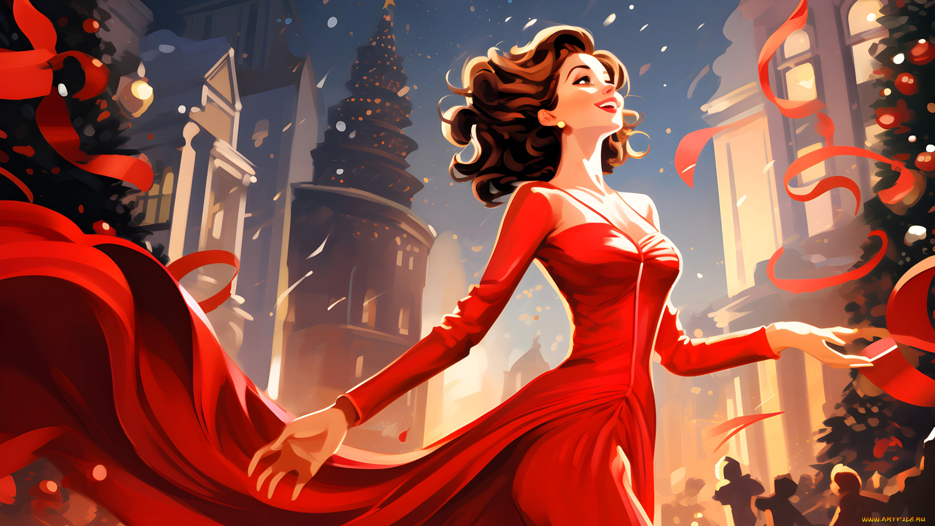 рисованное, люди, девушка, наряд, ёлки, новый, год, здания