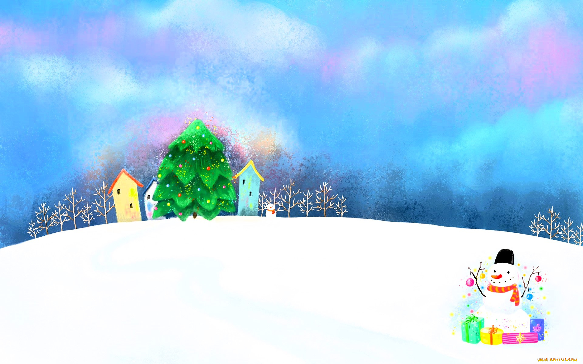 новый, год, рисованное, праздники, снег, снеговик, подарки, ёлка, дома, деревья