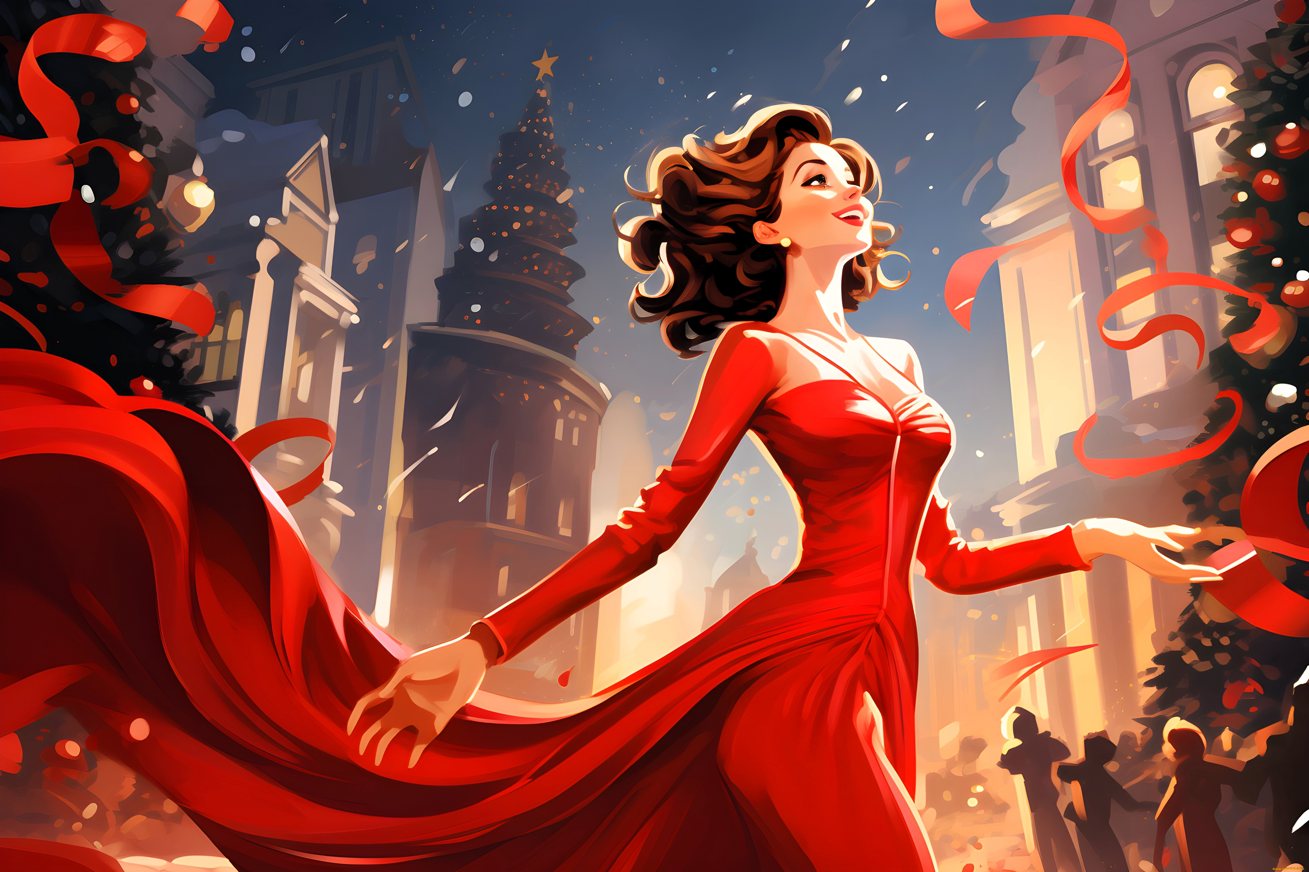 рисованное, люди, девушка, наряд, ёлки, новый, год, здания