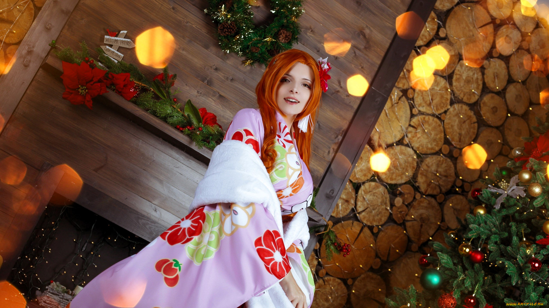 девушки, mari, aisu, образ, косплей, наряд, костюм, кимоно, новый, год, украшения, ёлка, камин, бревна