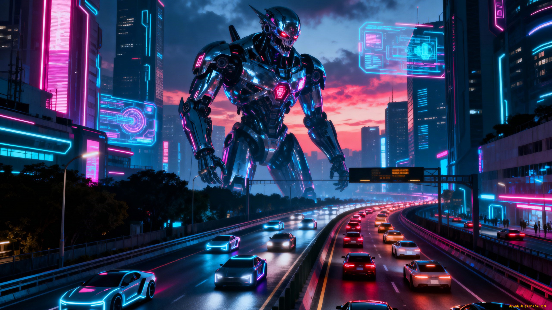 фэнтези, роботы, , киборги, , механизмы, киборг, город, неон, улицы, дорога, машины