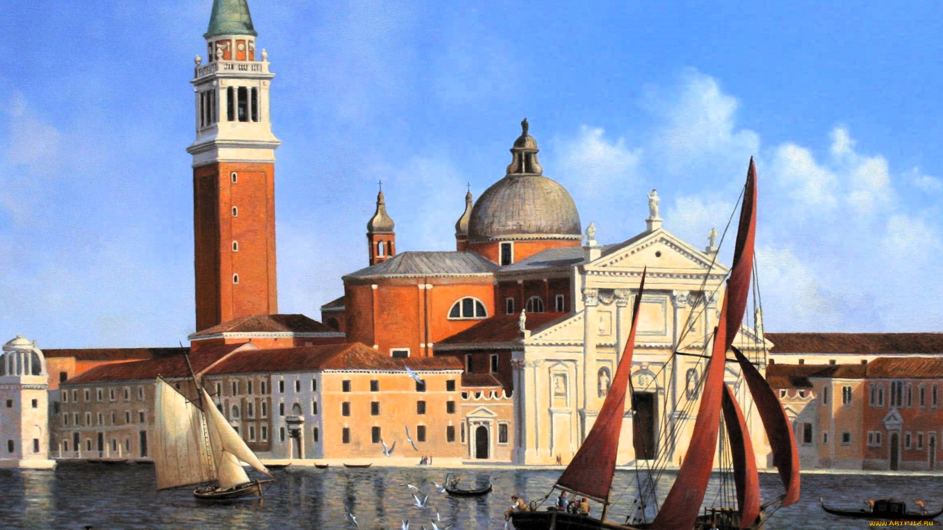 рисованное, adrian, rigby, венеция, город, здания, море, лодки