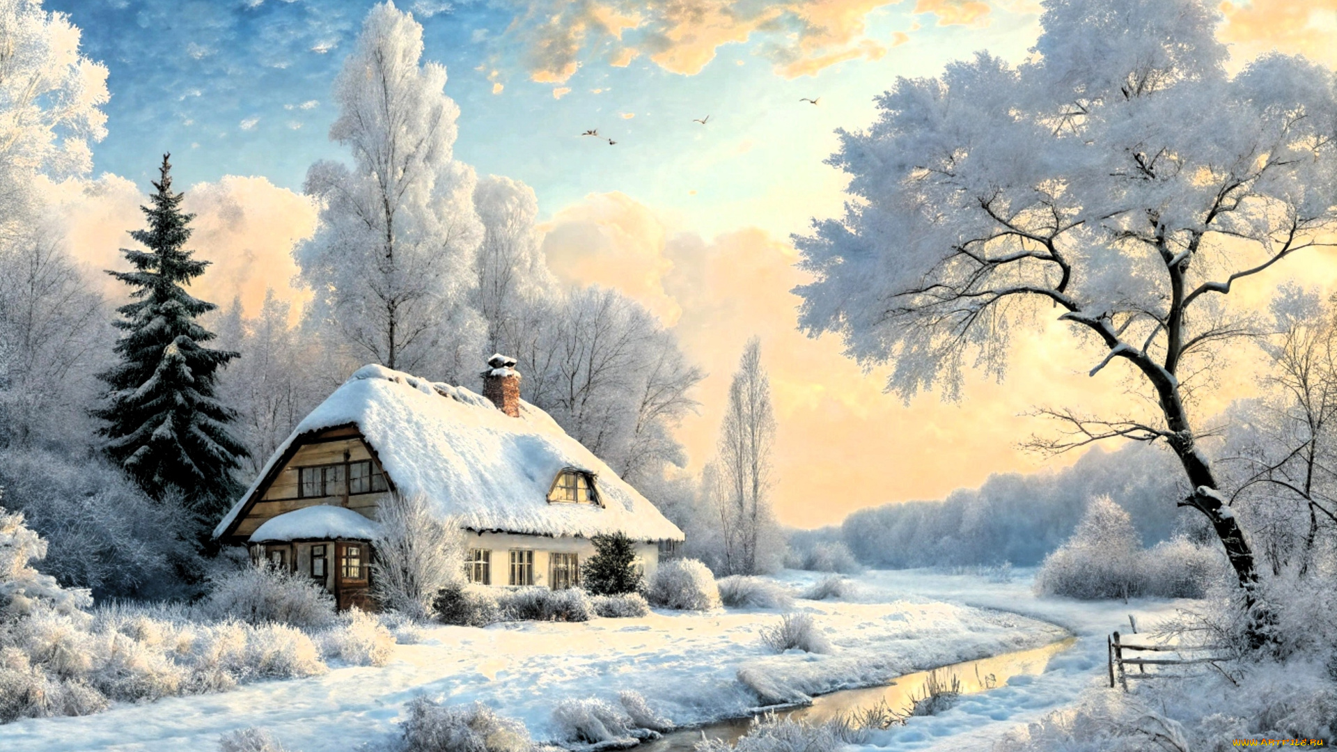 рисованное, города, снег, зима, дом, деревья, облака, река