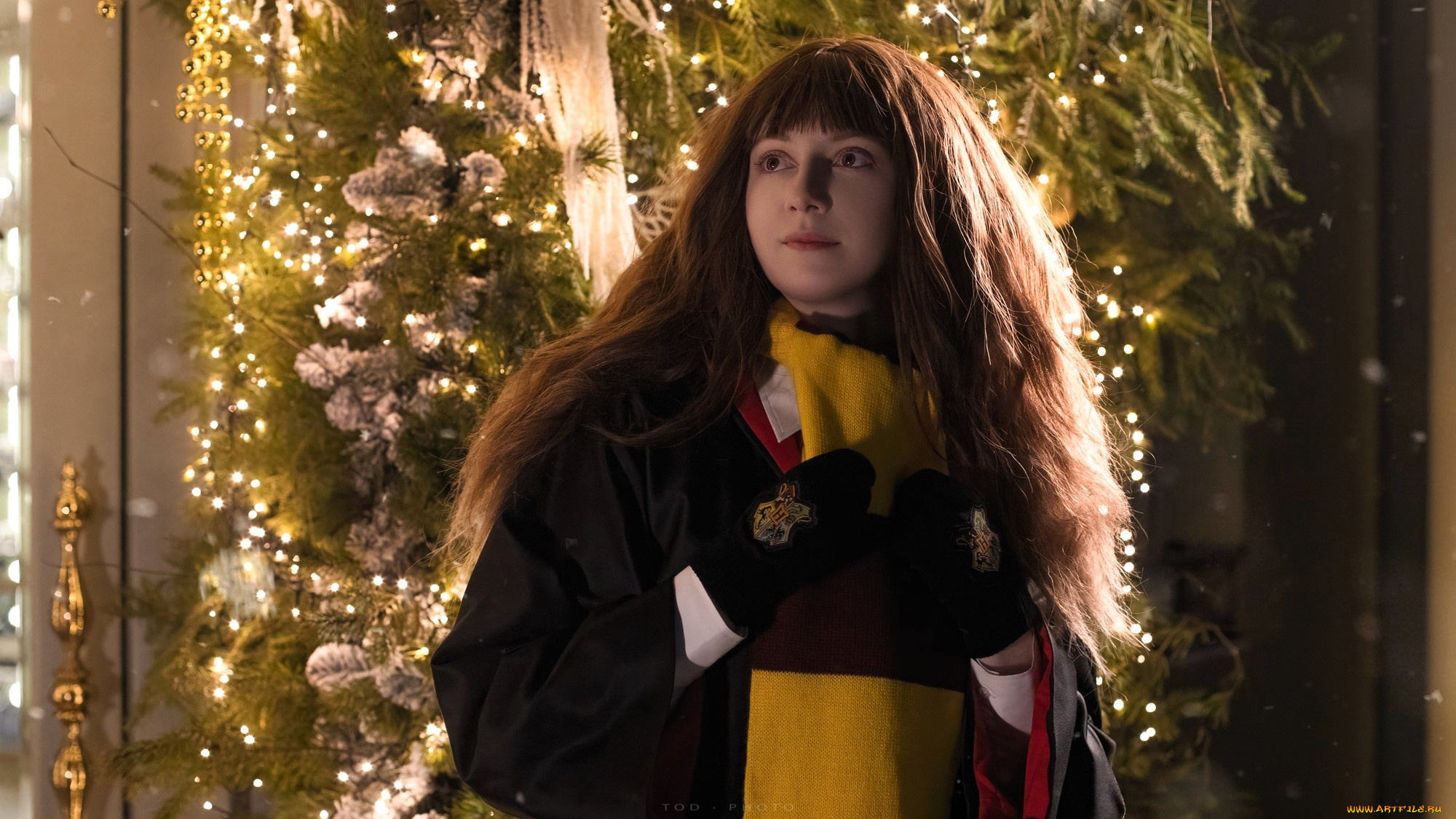девушки, tomka, violea, образ, косплей, наряд, костюм, гермиона, шарф, варежки, огни, новый, год, ёлка