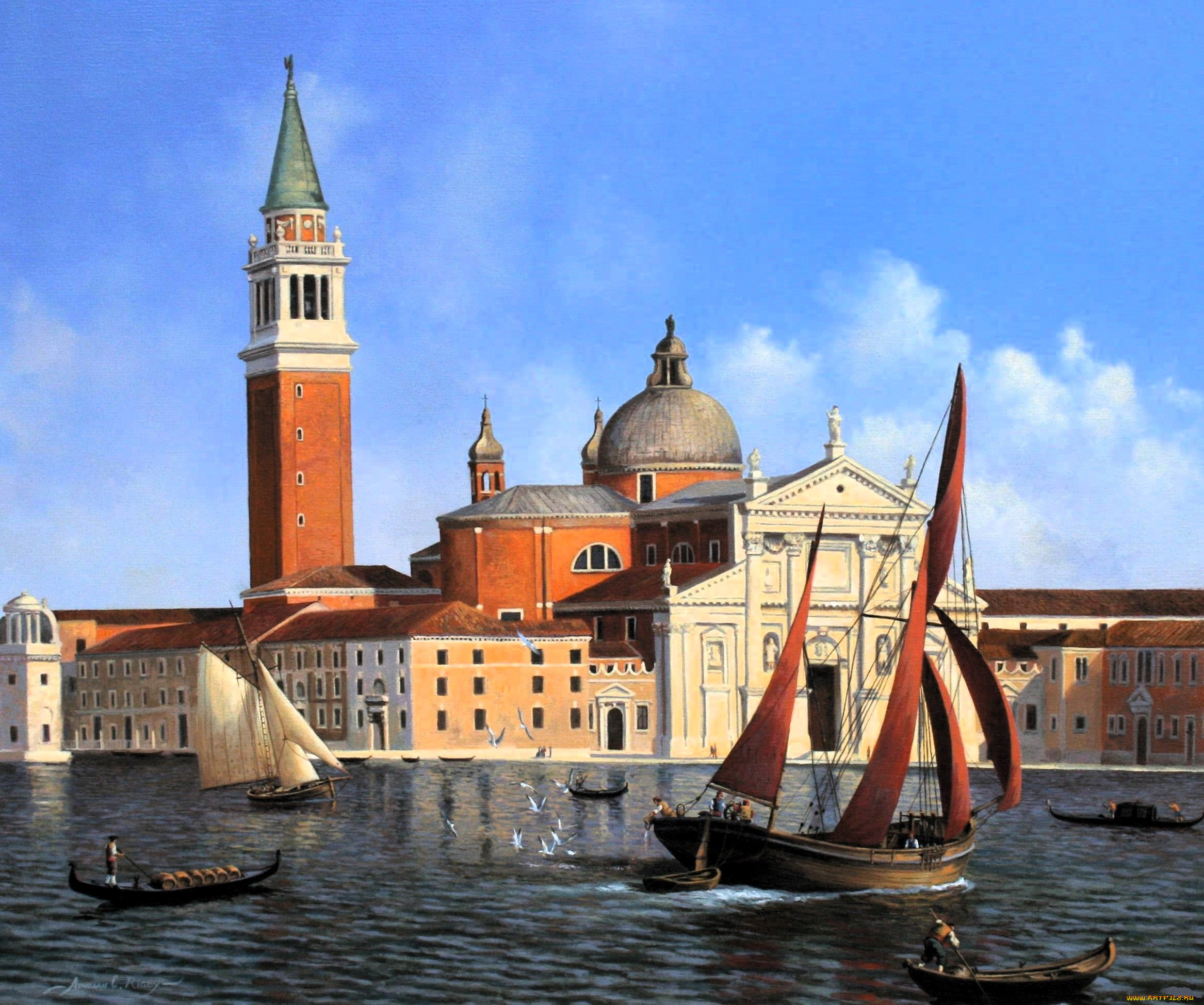 рисованное, adrian, rigby, венеция, город, здания, море, лодки