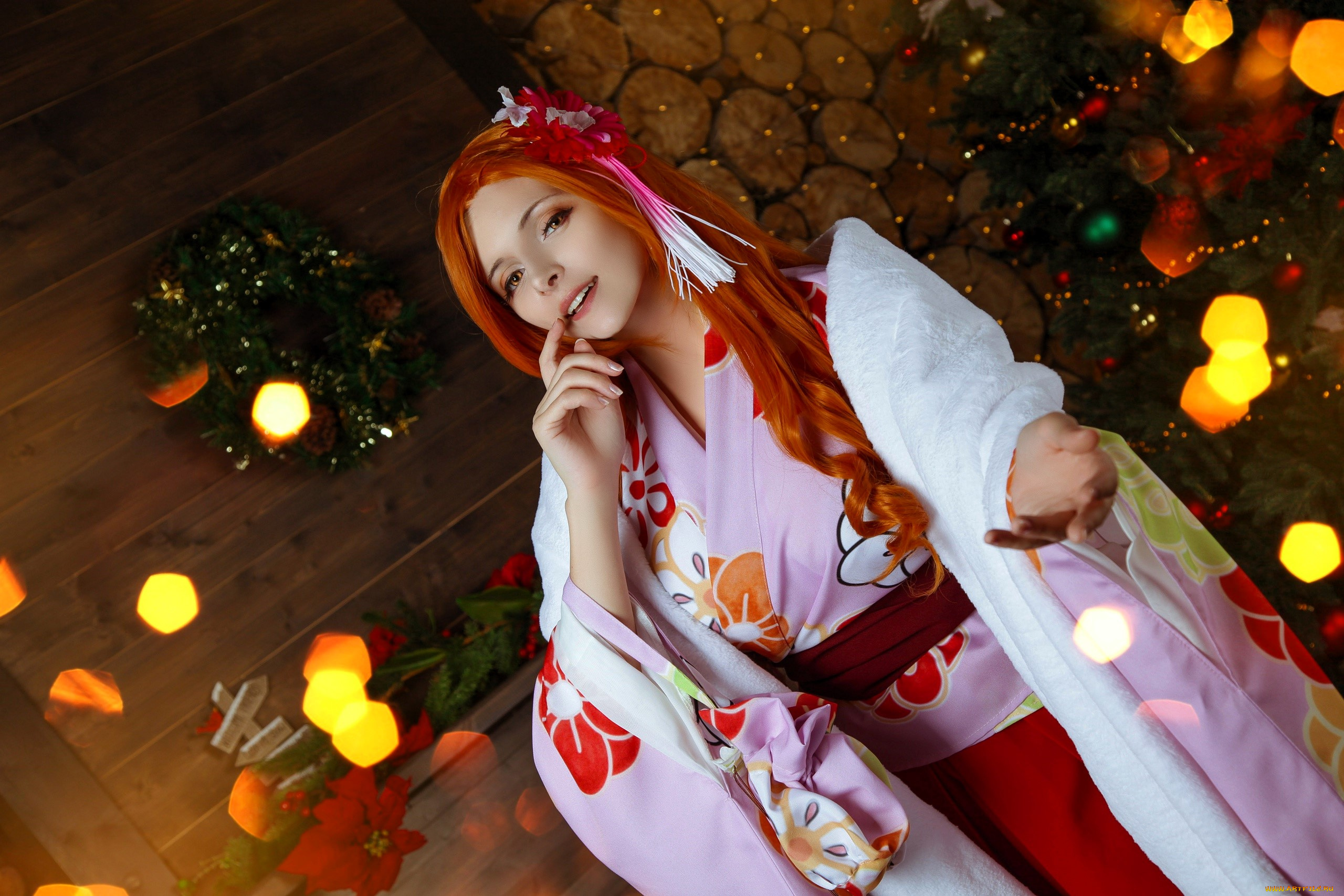 девушки, mari, aisu, образ, косплей, наряд, костюм, кимоно, новый, год, ёлка, украшения