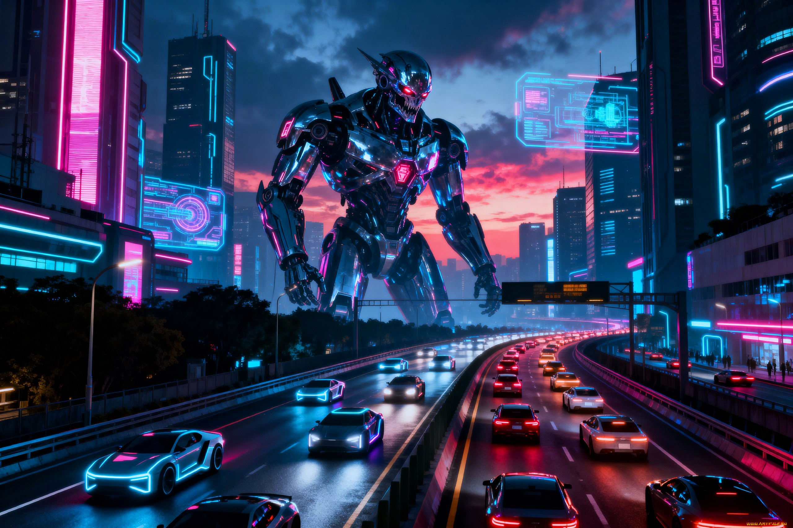 фэнтези, роботы, , киборги, , механизмы, киборг, город, неон, улицы, дорога, машины