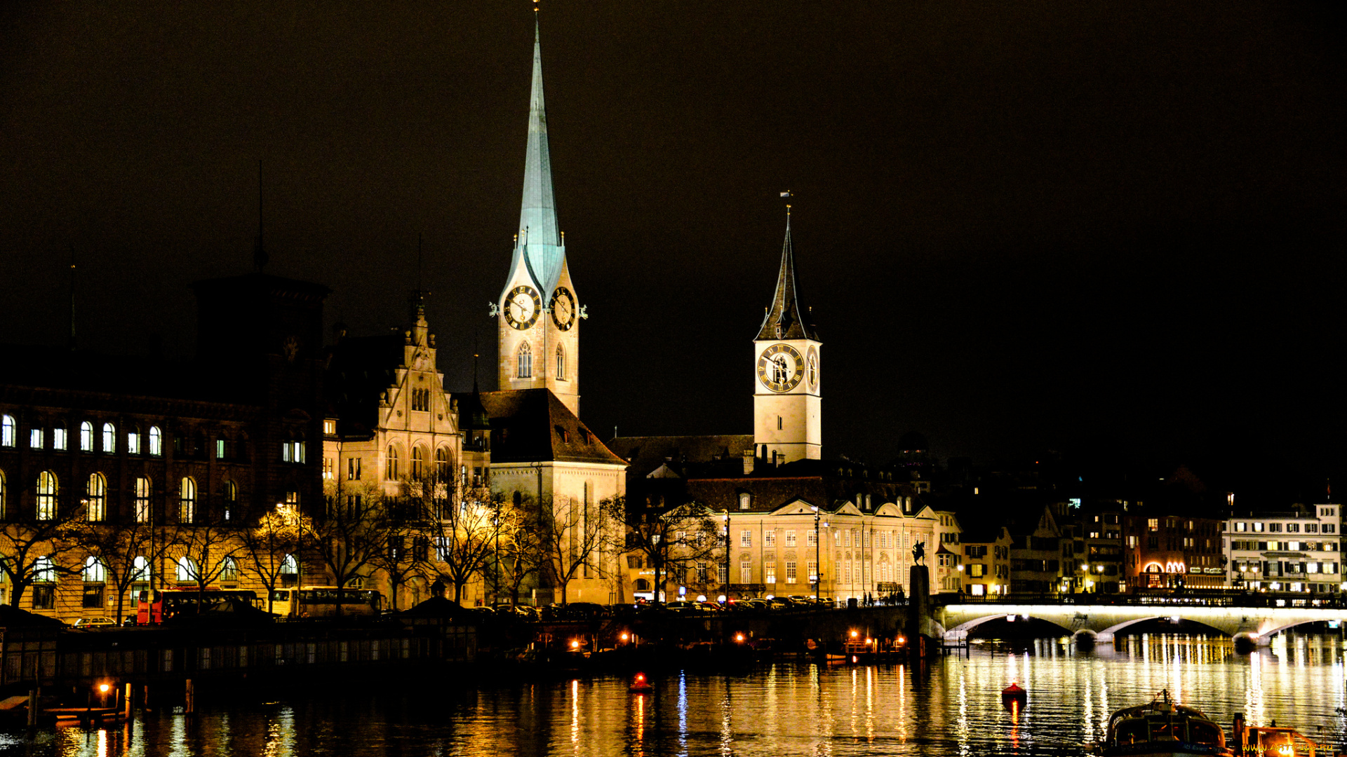 города, цюрих, швейцария, огни, река, ратуша, ночь