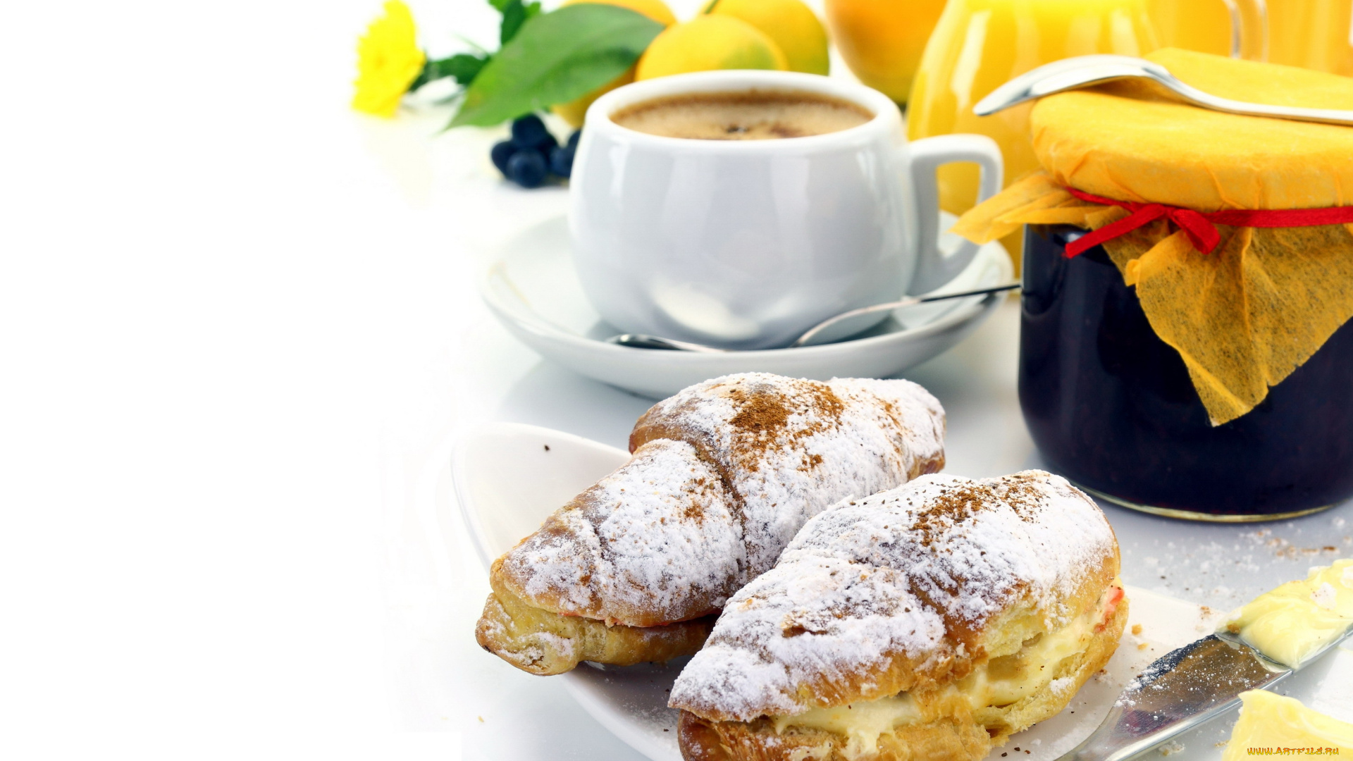 еда, разное, лимоны, кофе, сок, джем, пирожные