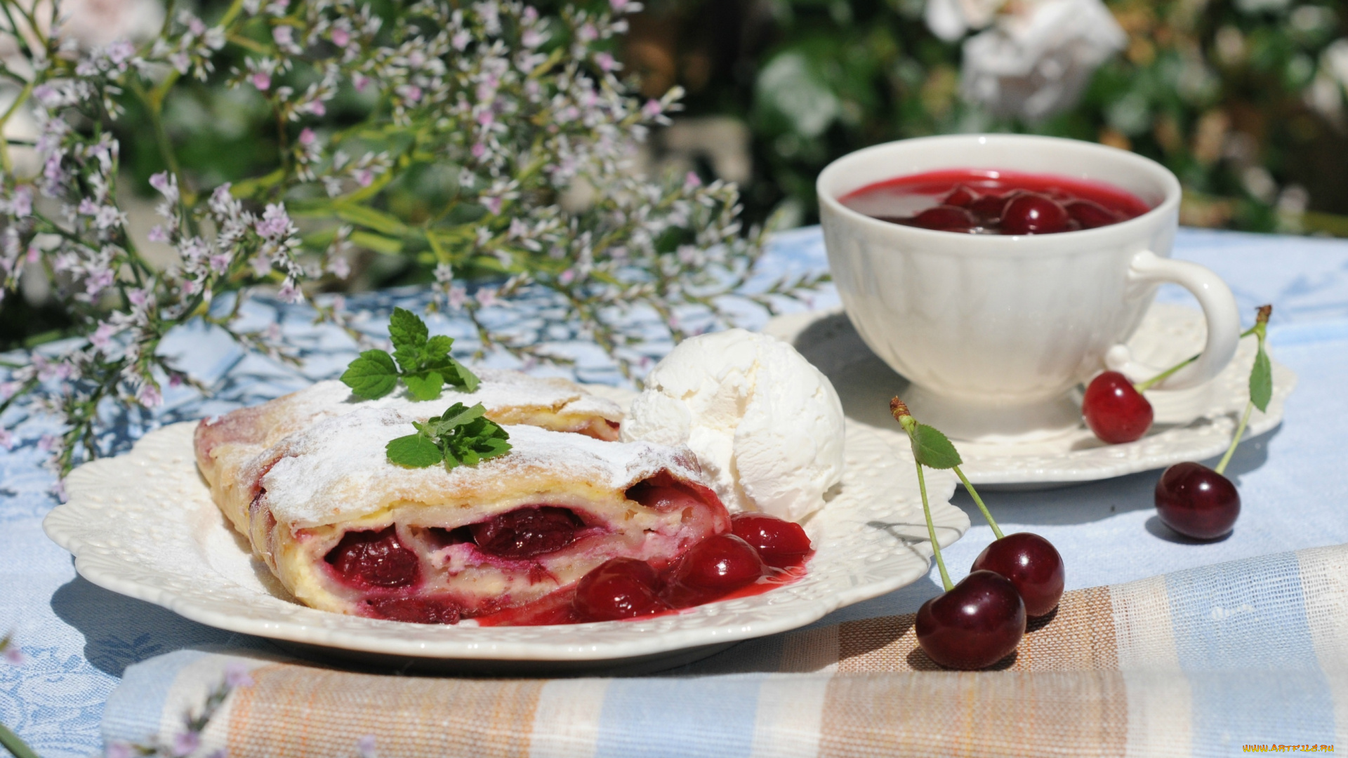 еда, разное, вишня, мороженое, пирог