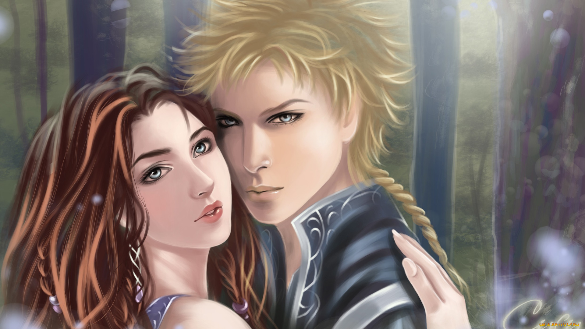 фэнтези, люди, девушка, парень, лес, влюбленные