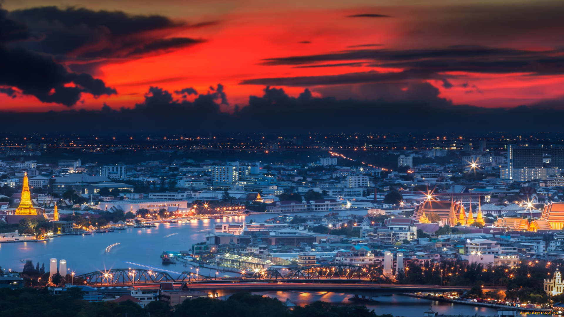 города, бангкок, , таиланд, река, ночь, храмы