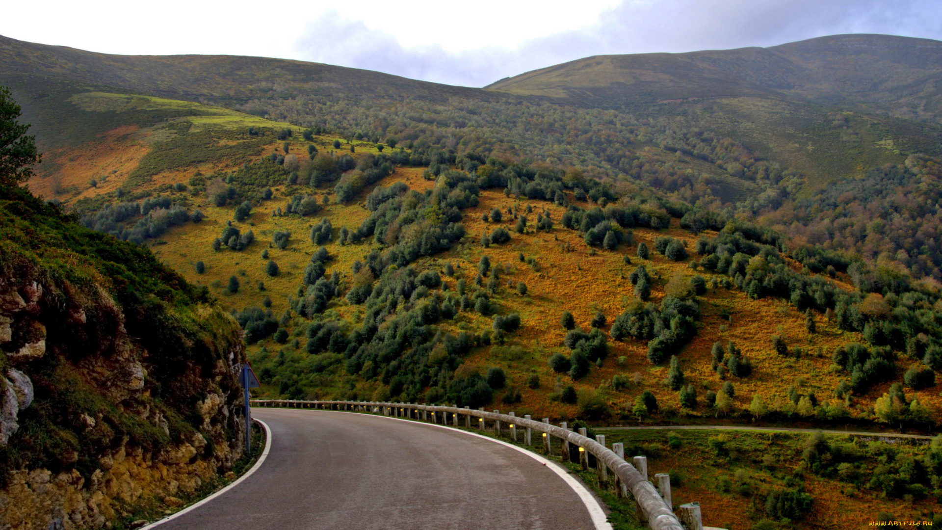 природа, дороги, трава, кусты, испания, дорога, кантабрия