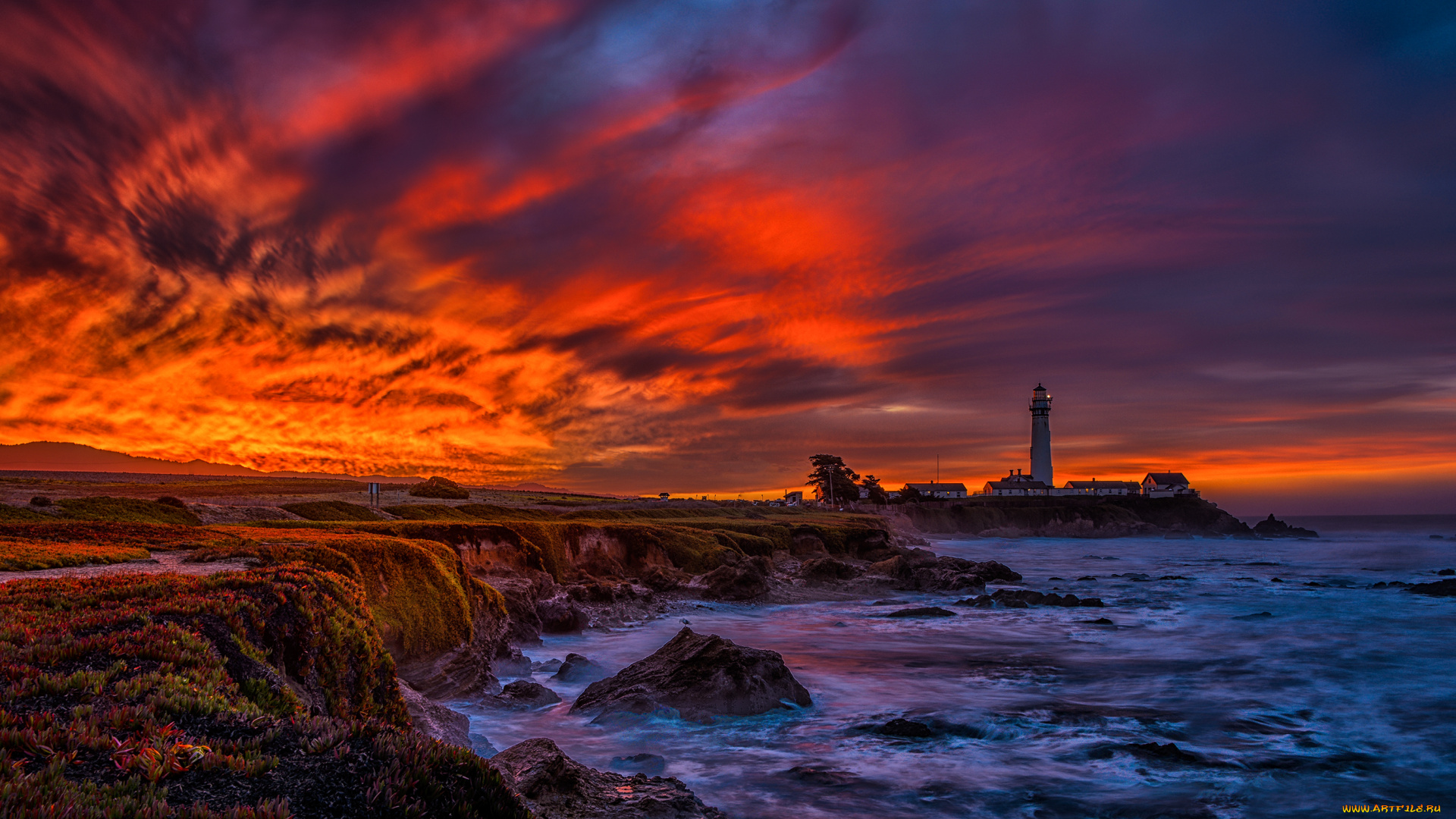природа, маяки, тучи, маяк, зарево, волны, океан, мыс