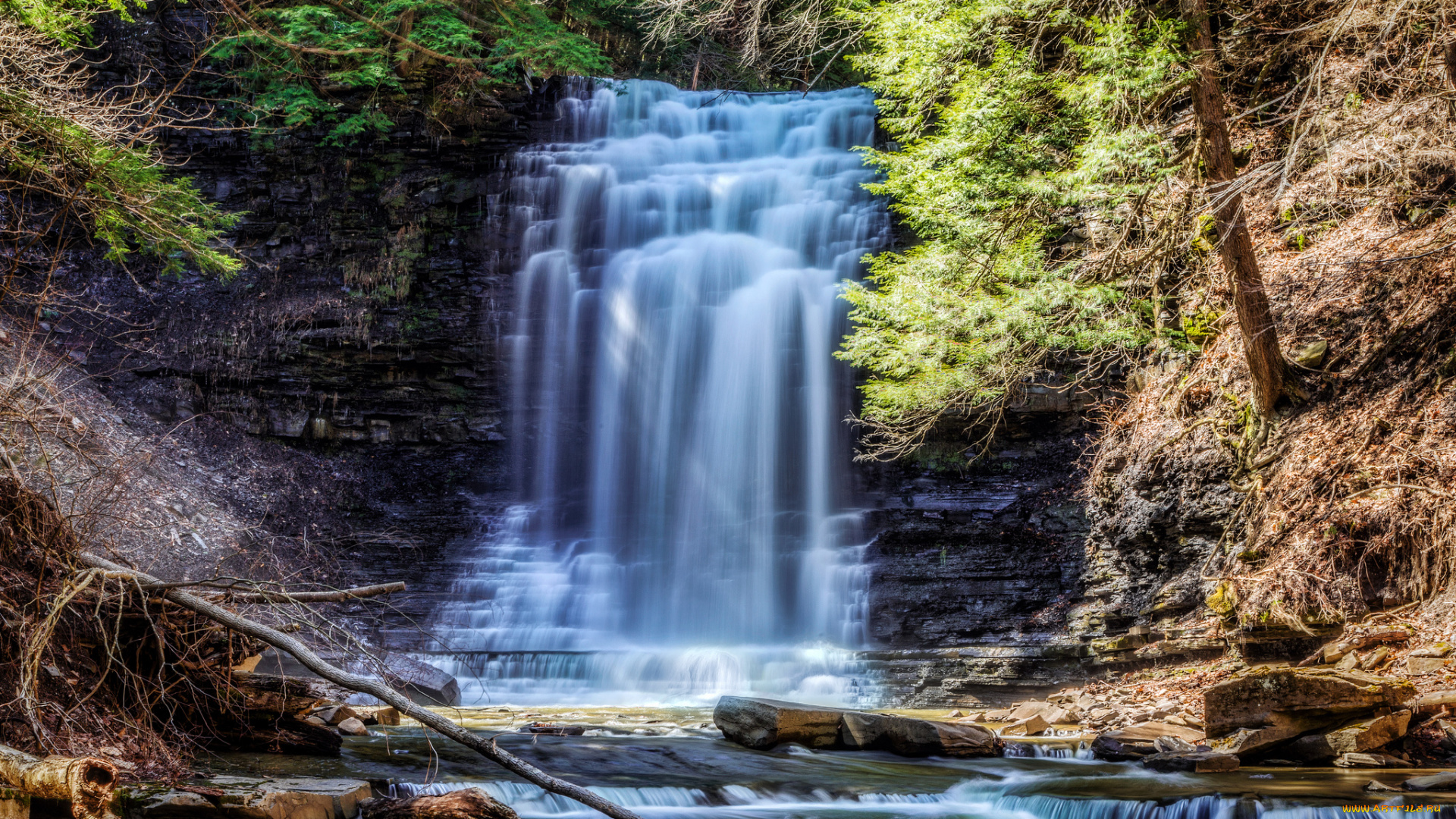 природа, водопады, каскад, водопад, обрыв, река, лес