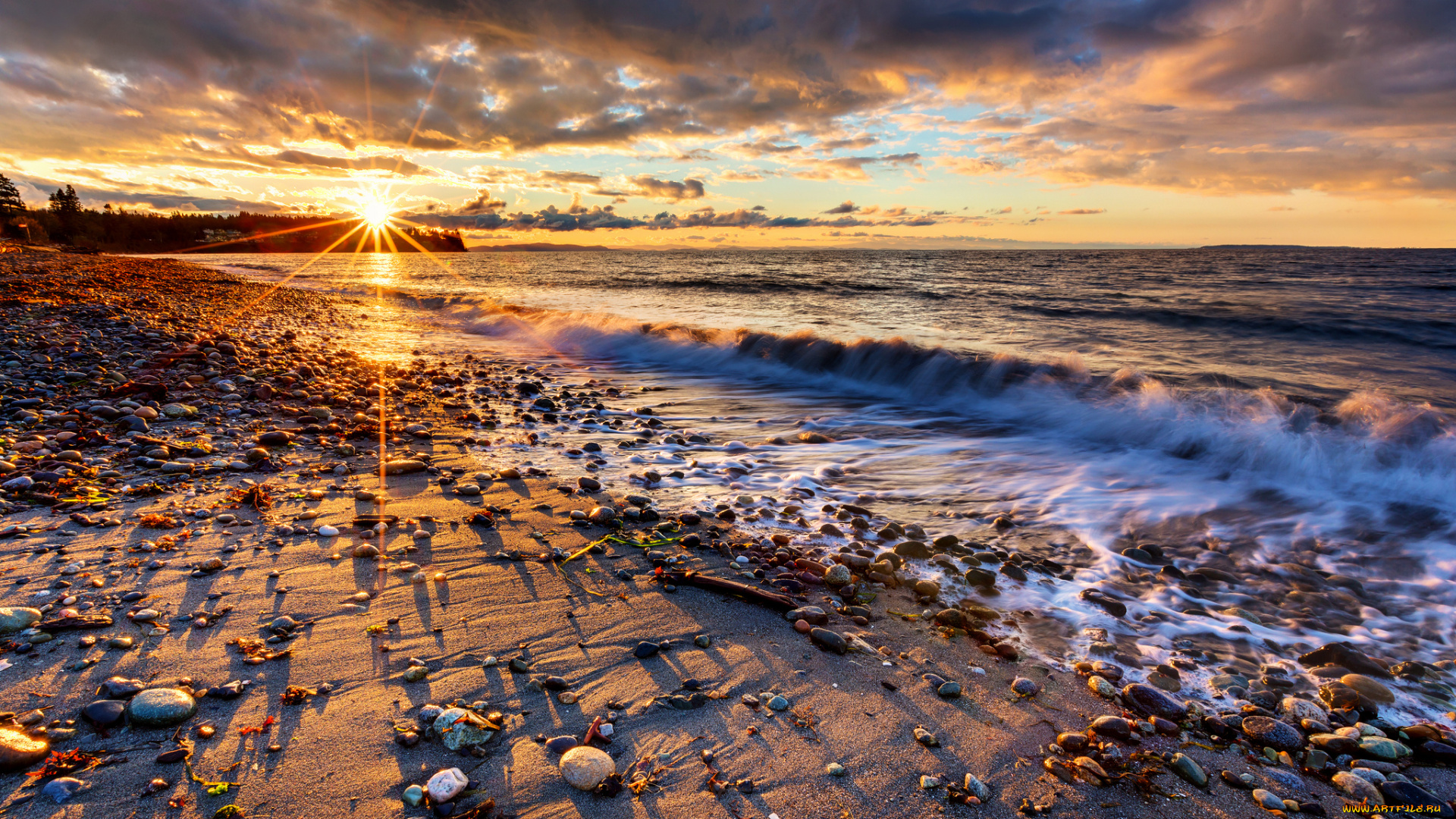 природа, восходы, закаты, галька, лучи, солнце, горизонт, пена, волны, пляж, океан