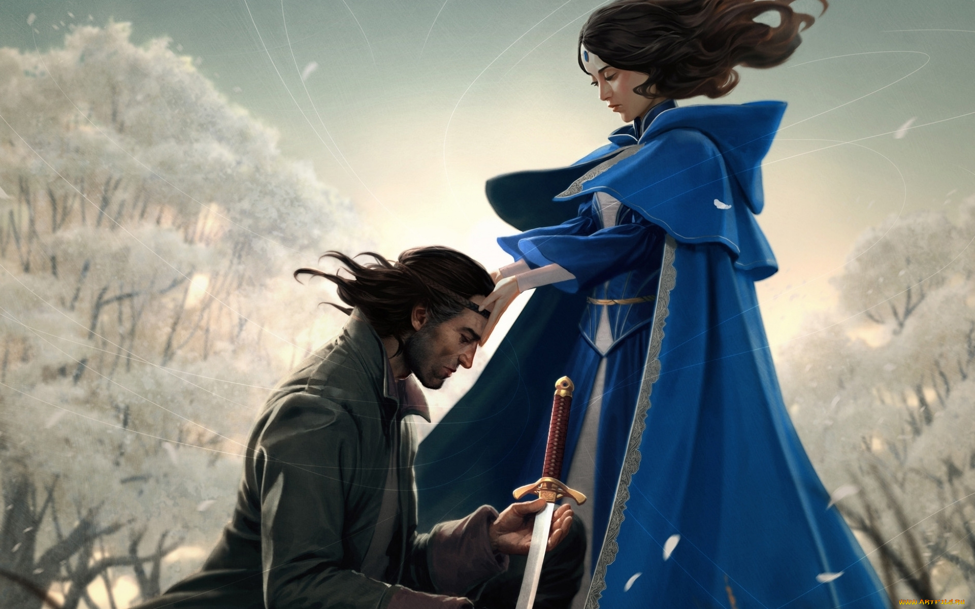 фэнтези, люди, преклонение, меч, мужчина, девушка