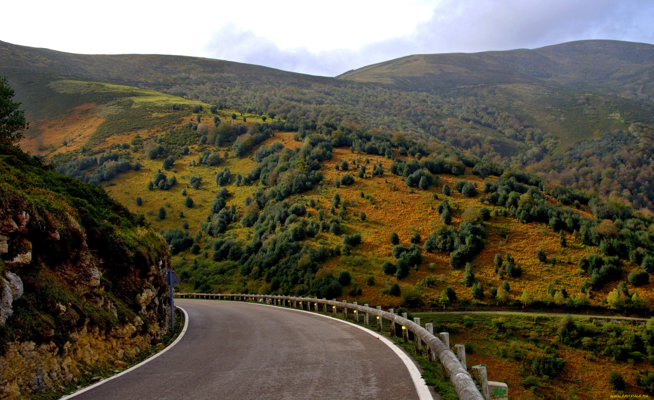 природа, дороги, трава, кусты, испания, дорога, кантабрия