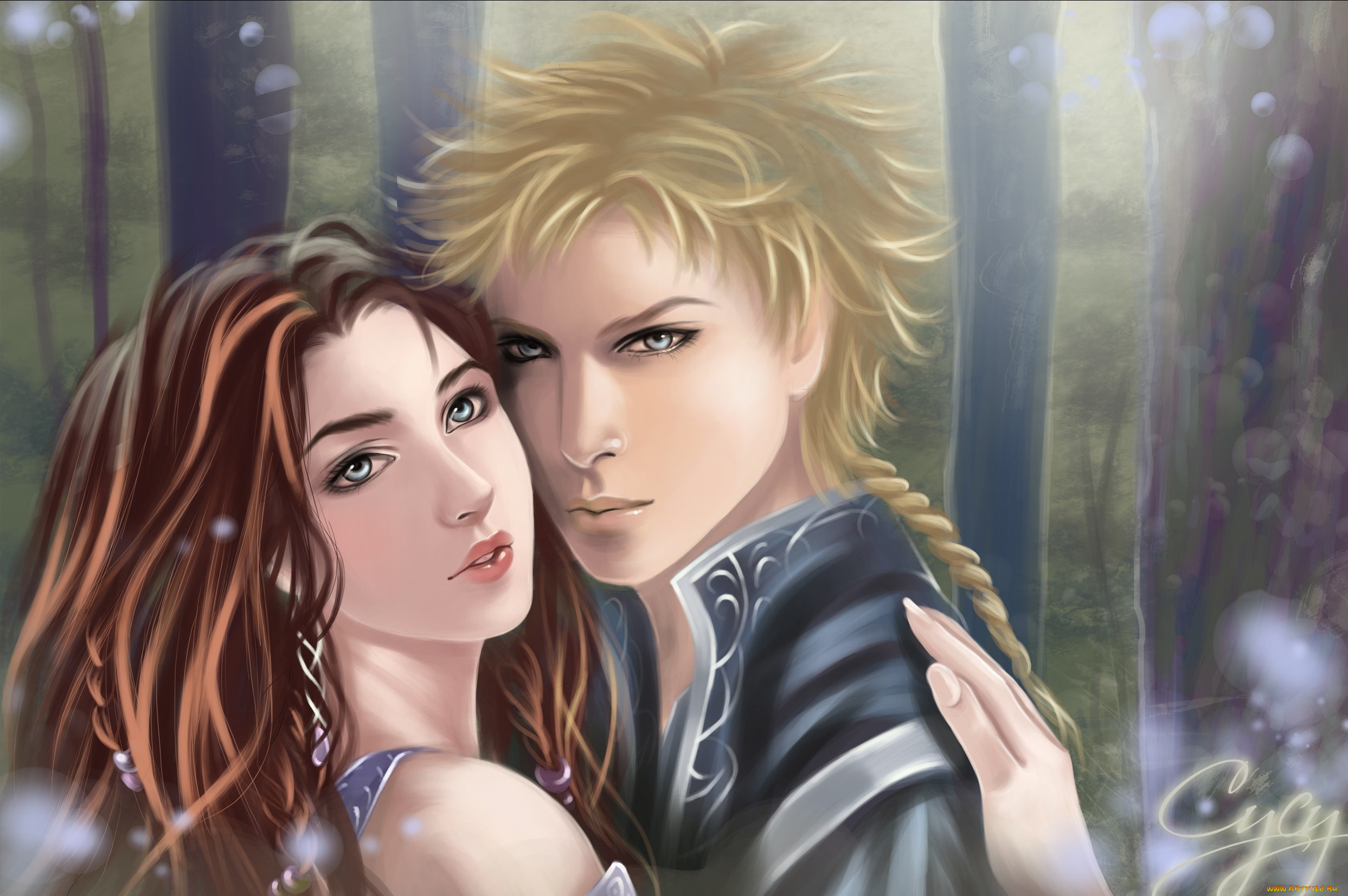 фэнтези, люди, девушка, парень, лес, влюбленные