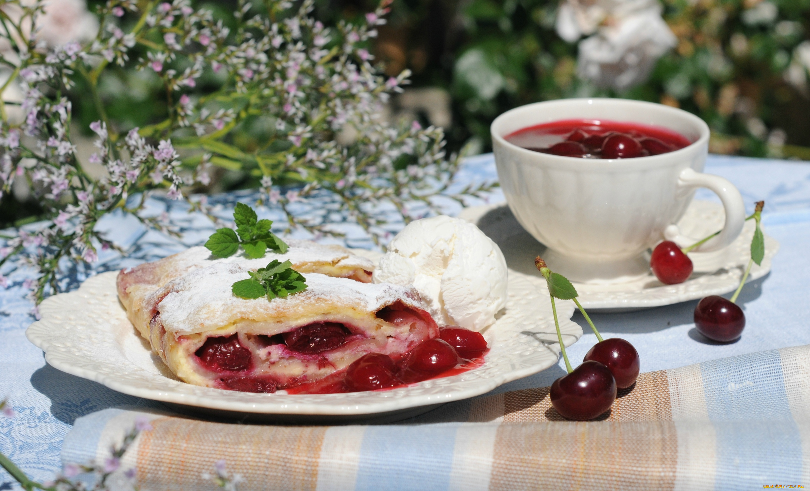 еда, разное, вишня, мороженое, пирог