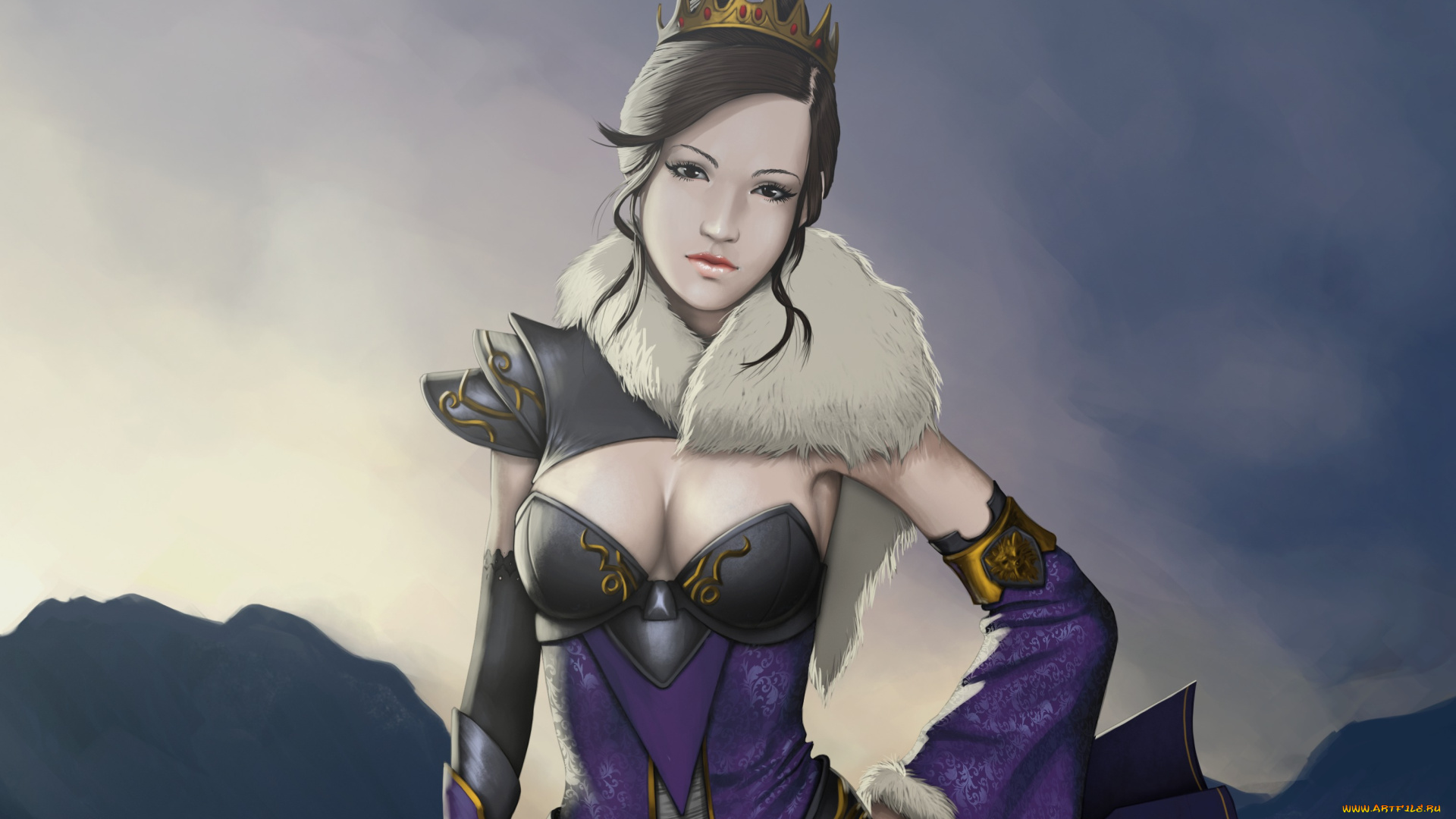 фэнтези, девушки, корона, грудь, платье, арт, взгляд, девушка