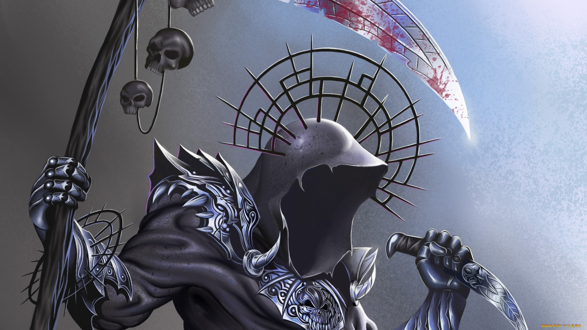 фэнтези, нежить, арт, коса, черепа, капюшон, кинжал