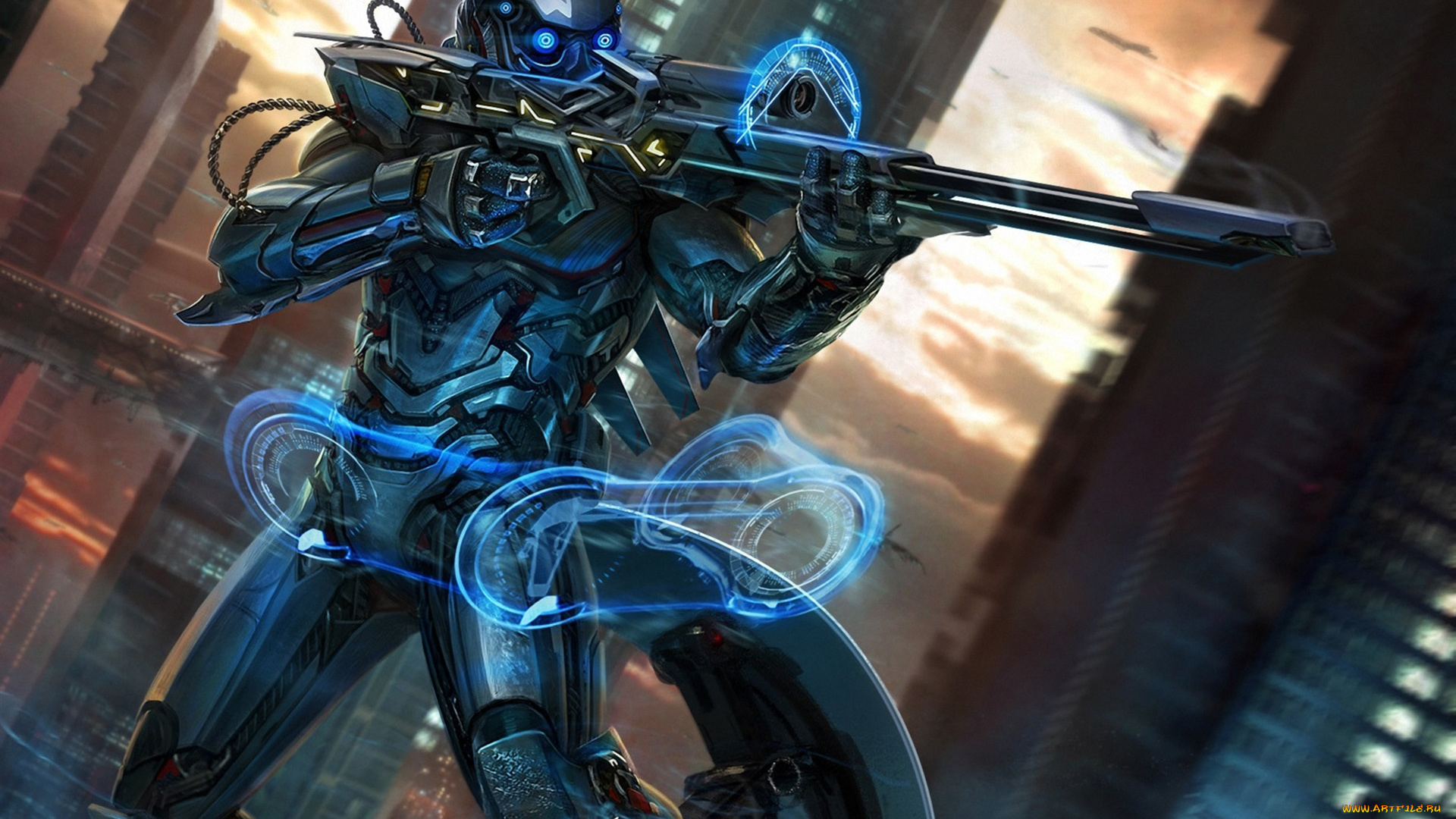 фэнтези, роботы, , киборги, , механизмы, арт, интерфейс, город, винтовка, броня, снайпер