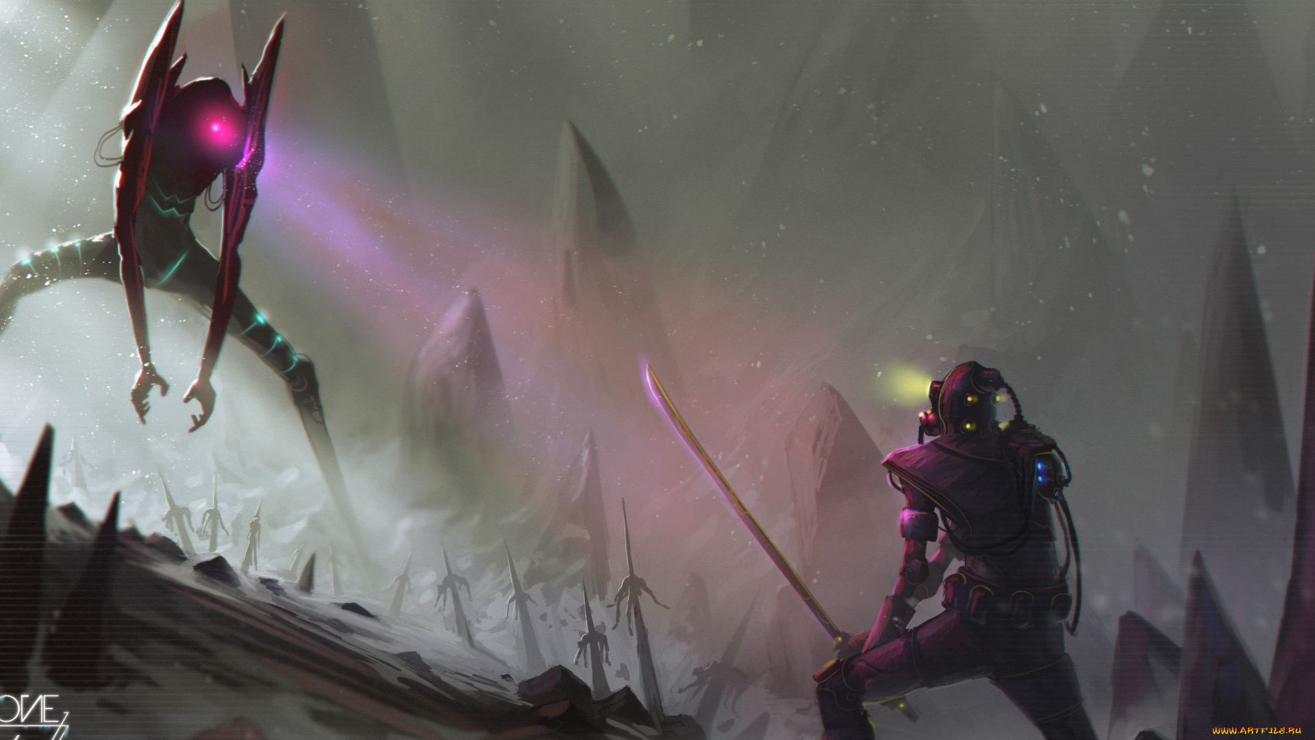 фэнтези, роботы, , киборги, , механизмы, самурай, горы, катана, меч, снег, скалы, робот