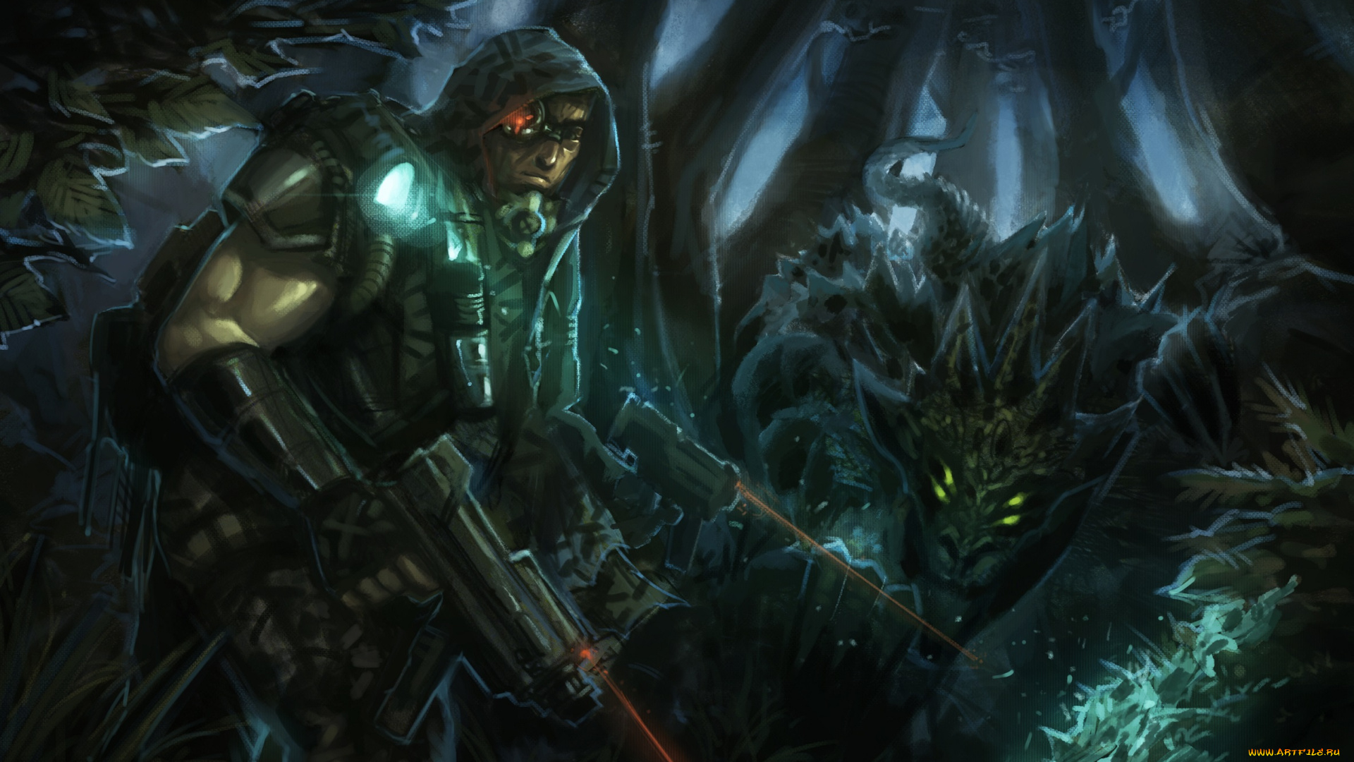 фэнтези, существа, монстр, капюшон, мужчина, воин, арт, лес, оружие