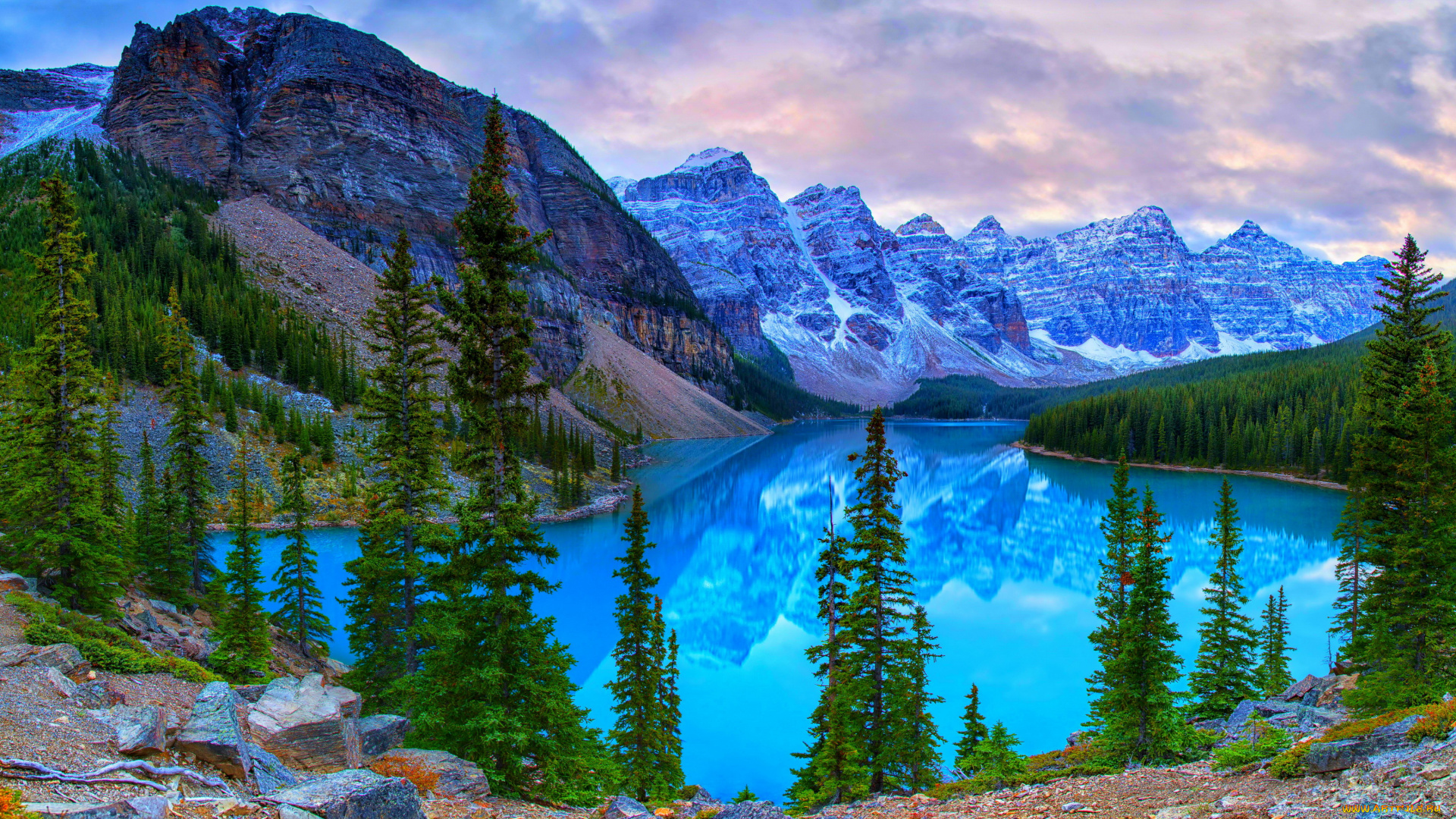 природа, пейзажи, озеро, kanada, park, banff, lake, moraine, ели, горы, парк