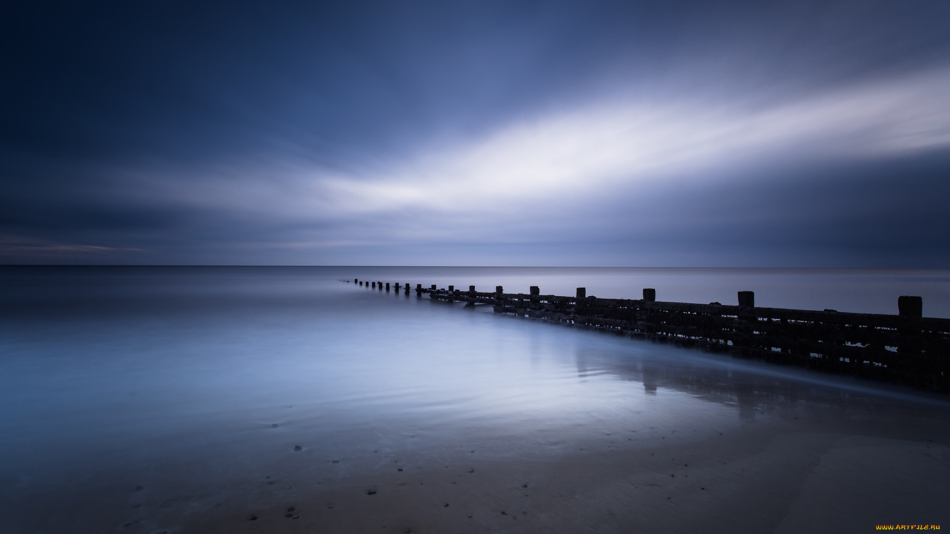 природа, побережье, море, синее, небо, ночь, берег, северный, норфолк, англия, великобритания, штиль