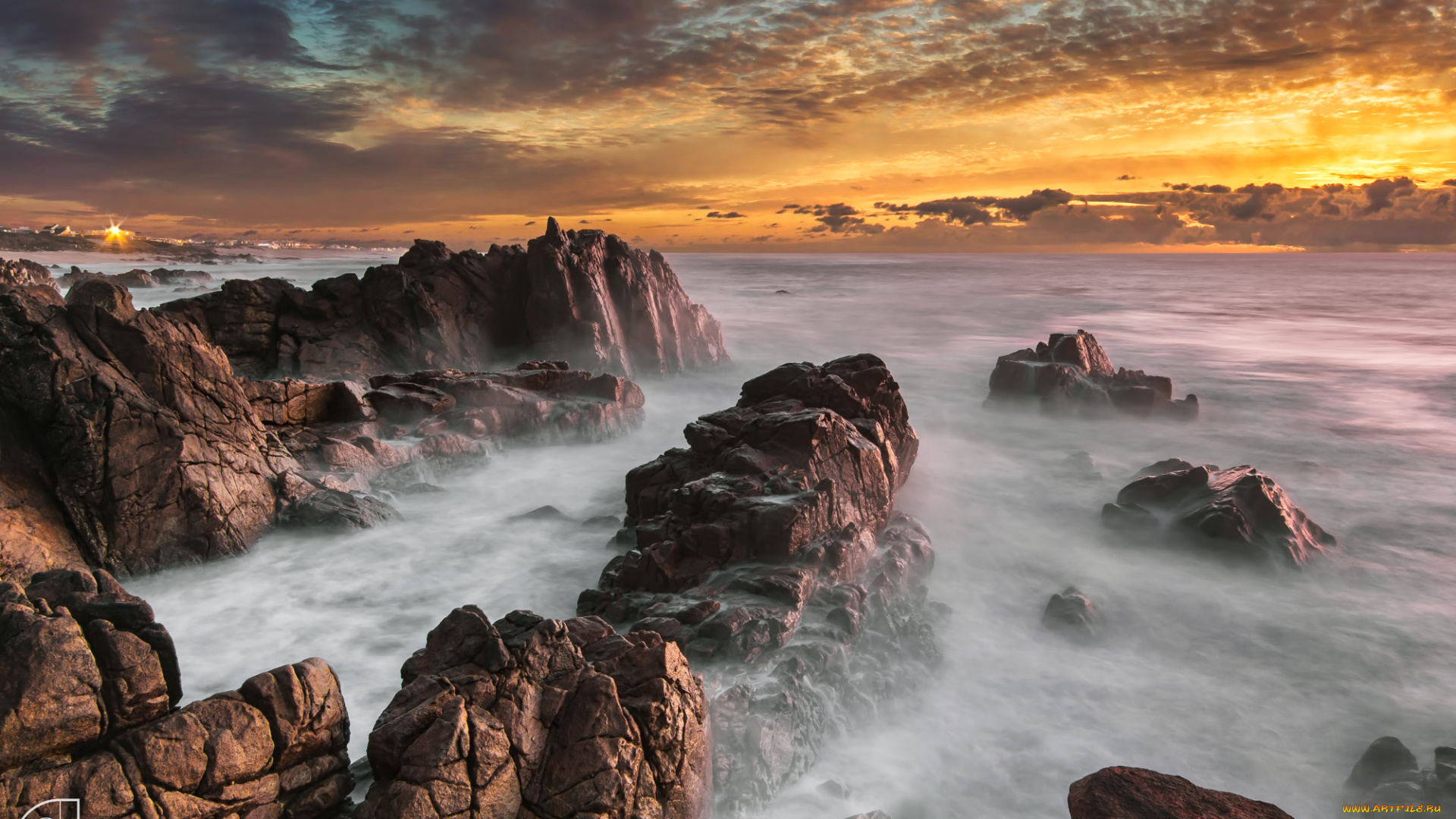 природа, побережье, скалы, море, закат