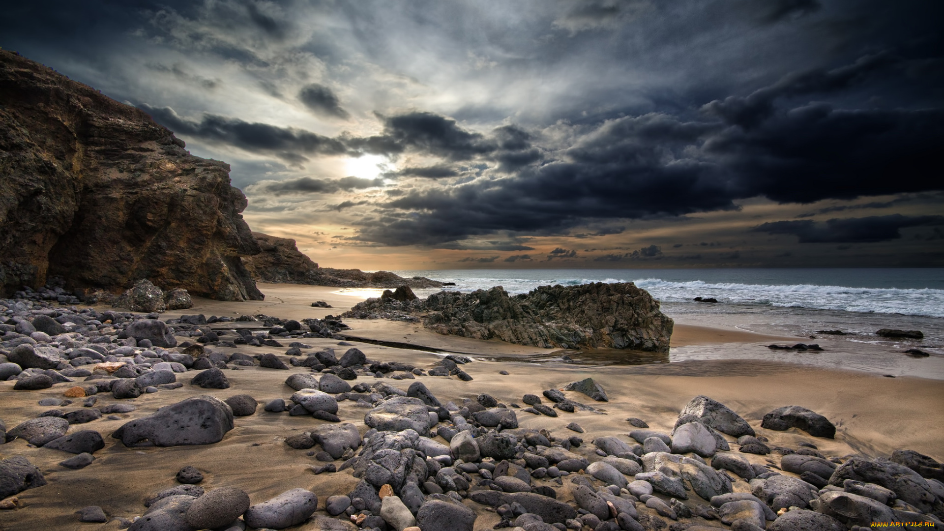природа, побережье, скалы, пляж, океан, тучи