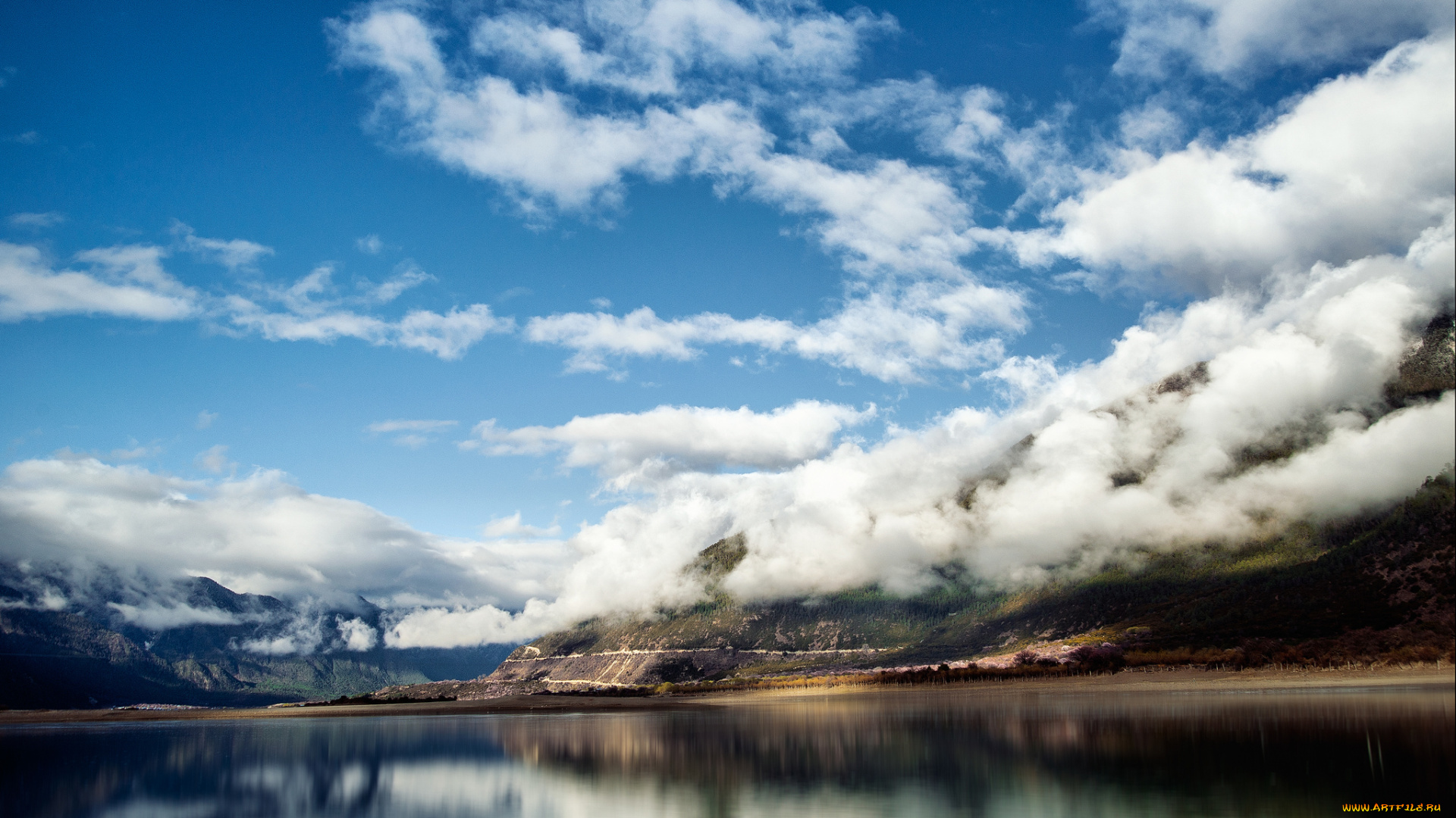 природа, реки, озера, озеро, облака, горы, китай, тибет