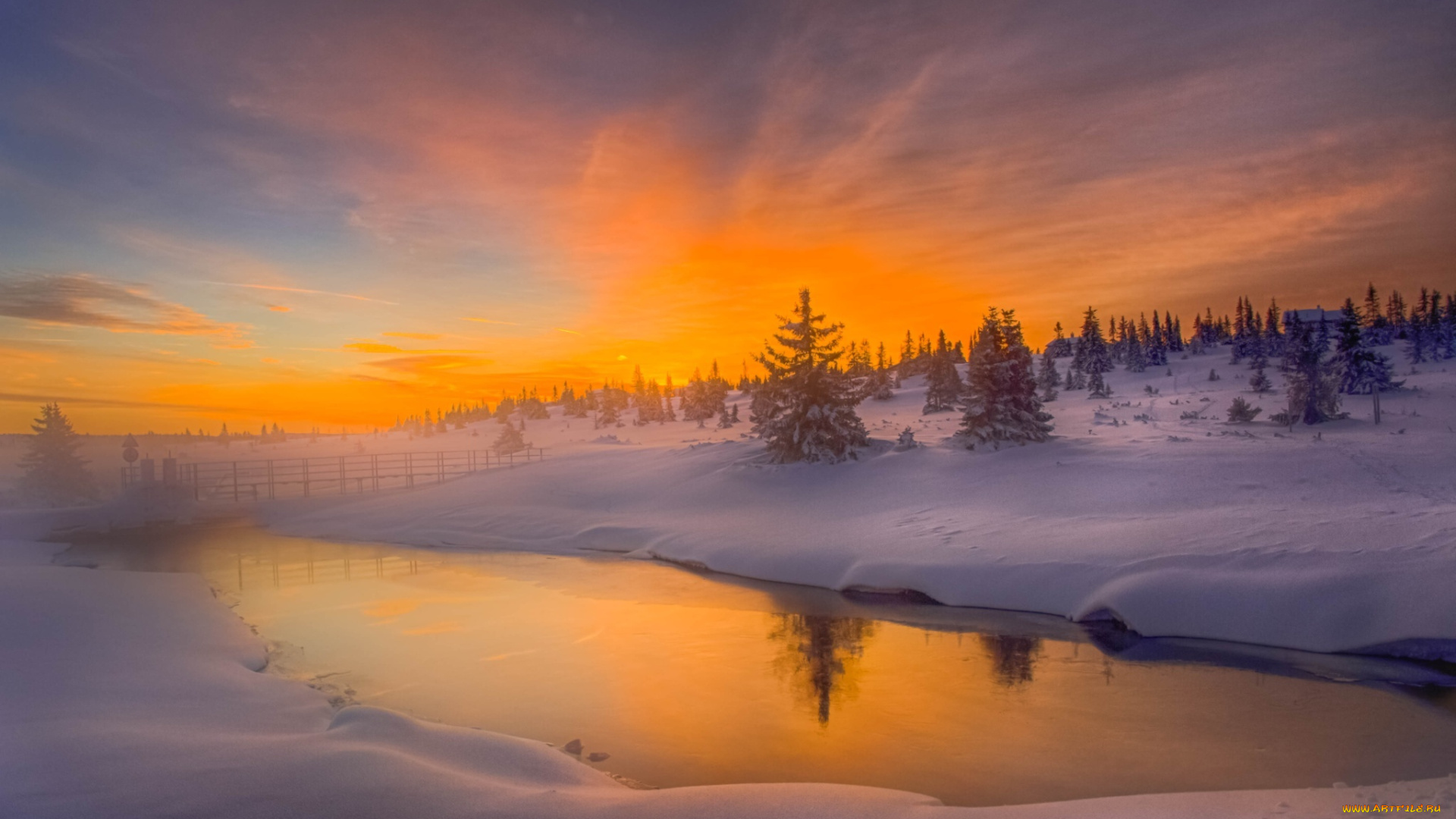 природа, восходы, закаты, лес, снег, зима, рассвет, река