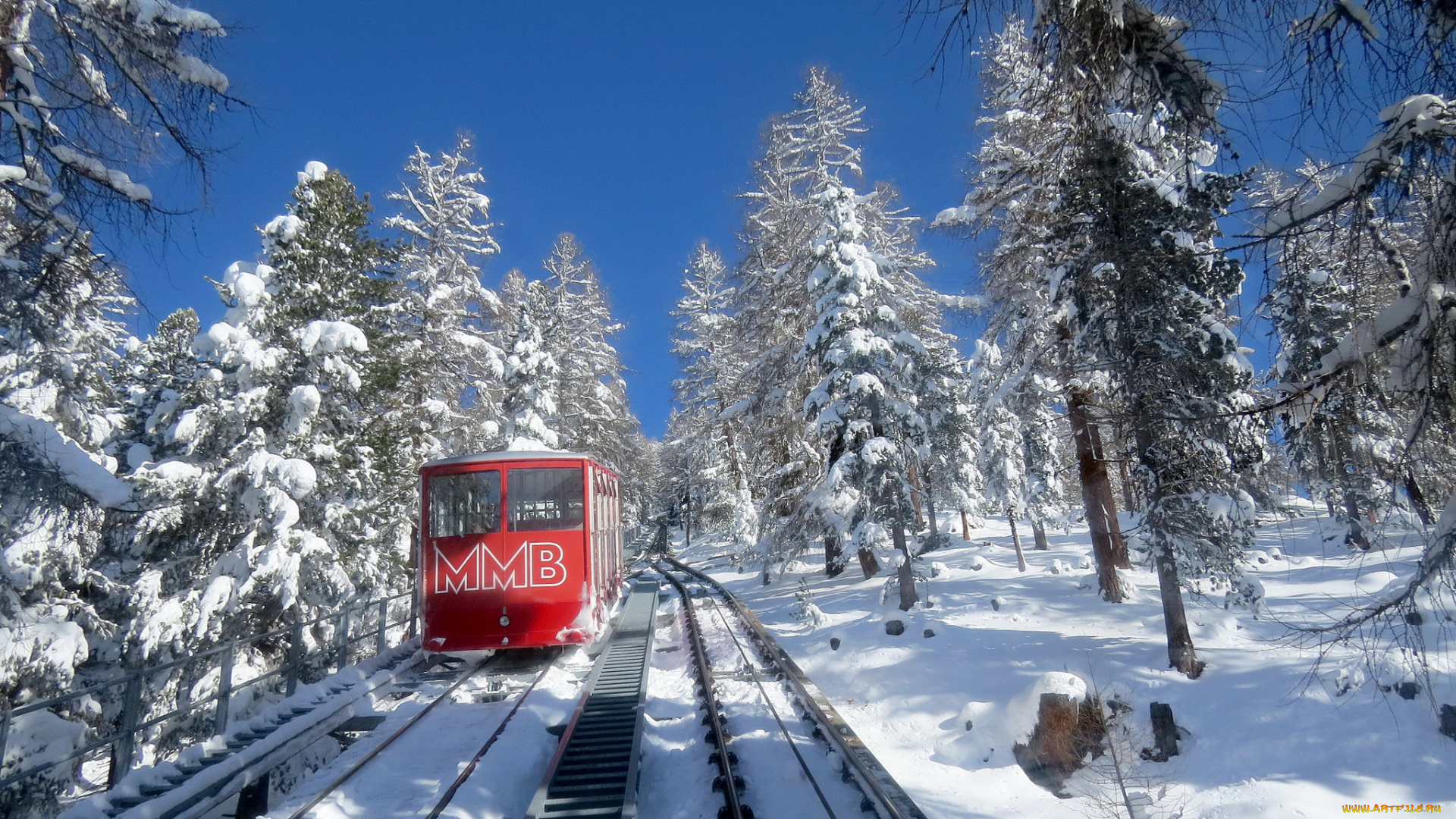 природа, зима, снег, ели, фуникулер, сугробы